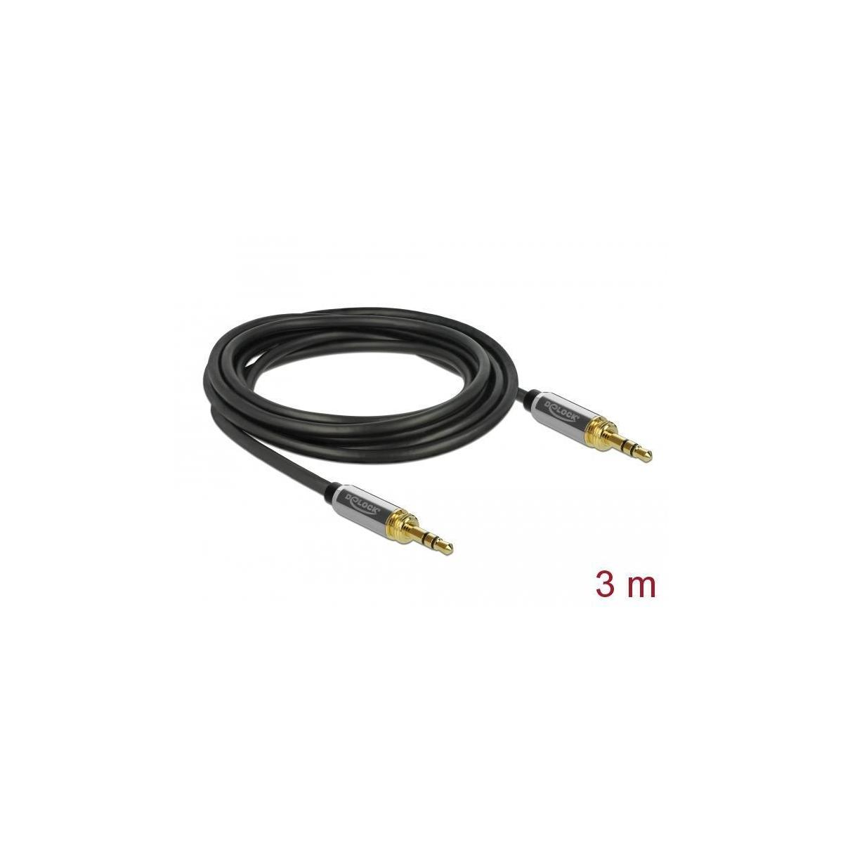 Schwarzes Audiokabel mit Goldsteckern. Es ist ein 3 Meter langes Kabel.