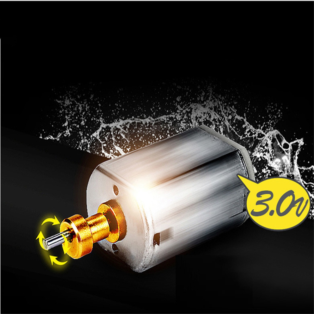 Nahaufnahme eines kleinen silbernen Motors mit goldenem Getriebe. Gelber Pfeil zeigt die Richtung. Eine gelbe Blase sagt 3,0 V.