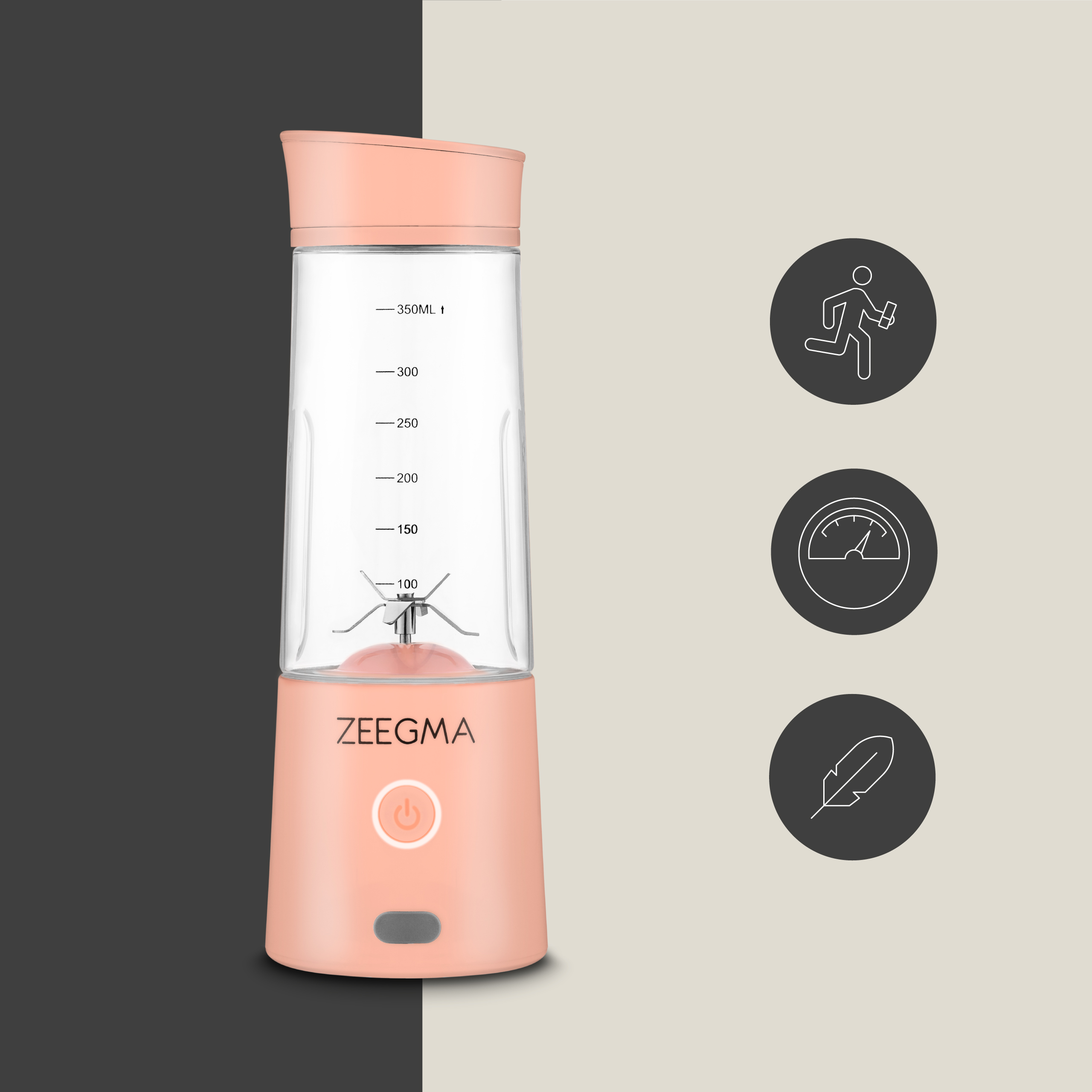 Różowy blender z miarką. Posiada przycisk zasilania. Ikony biegu, prędkości i pióra.