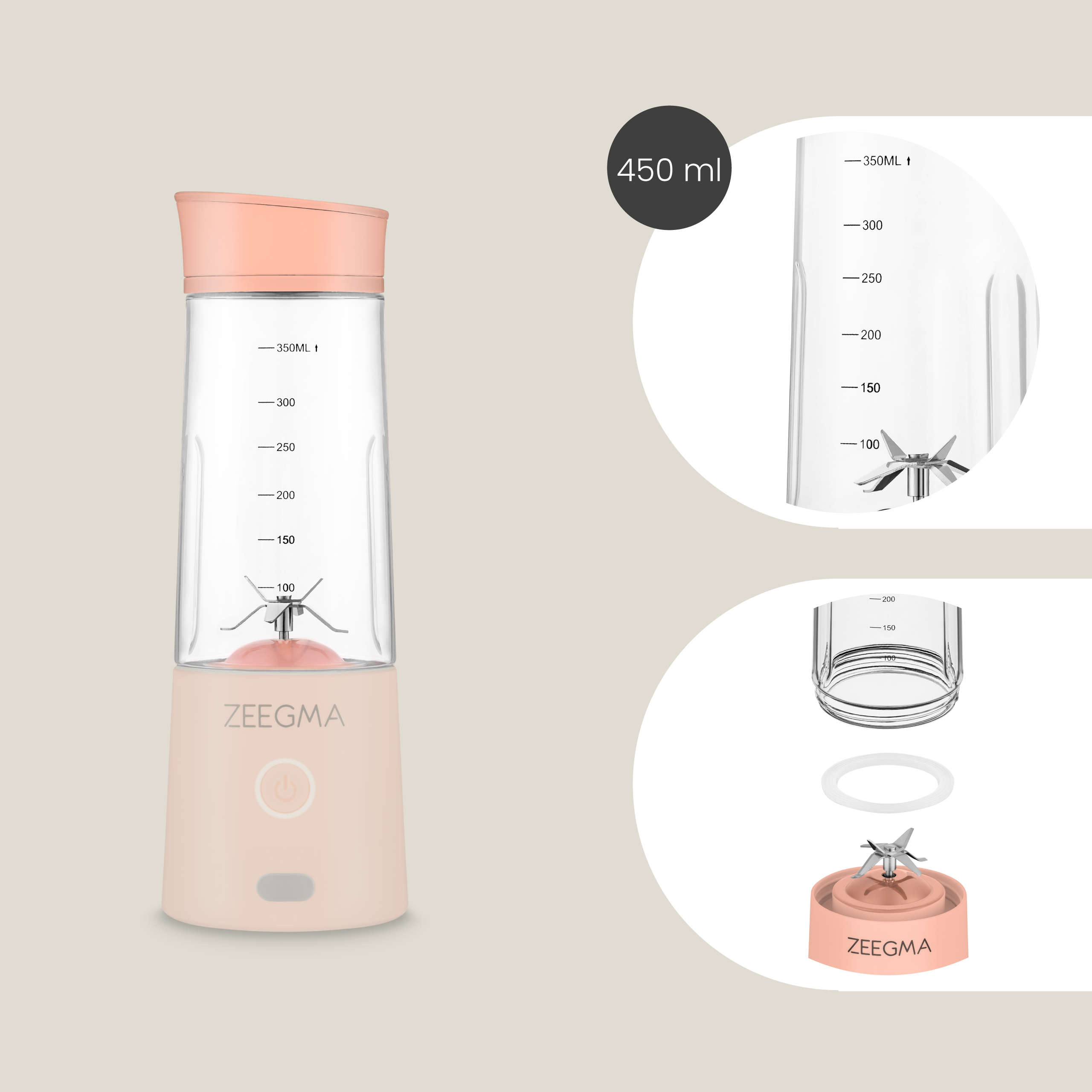 Różowo-biały przenośny blender, rozłożone części z wymiarami, na jasnym tle.