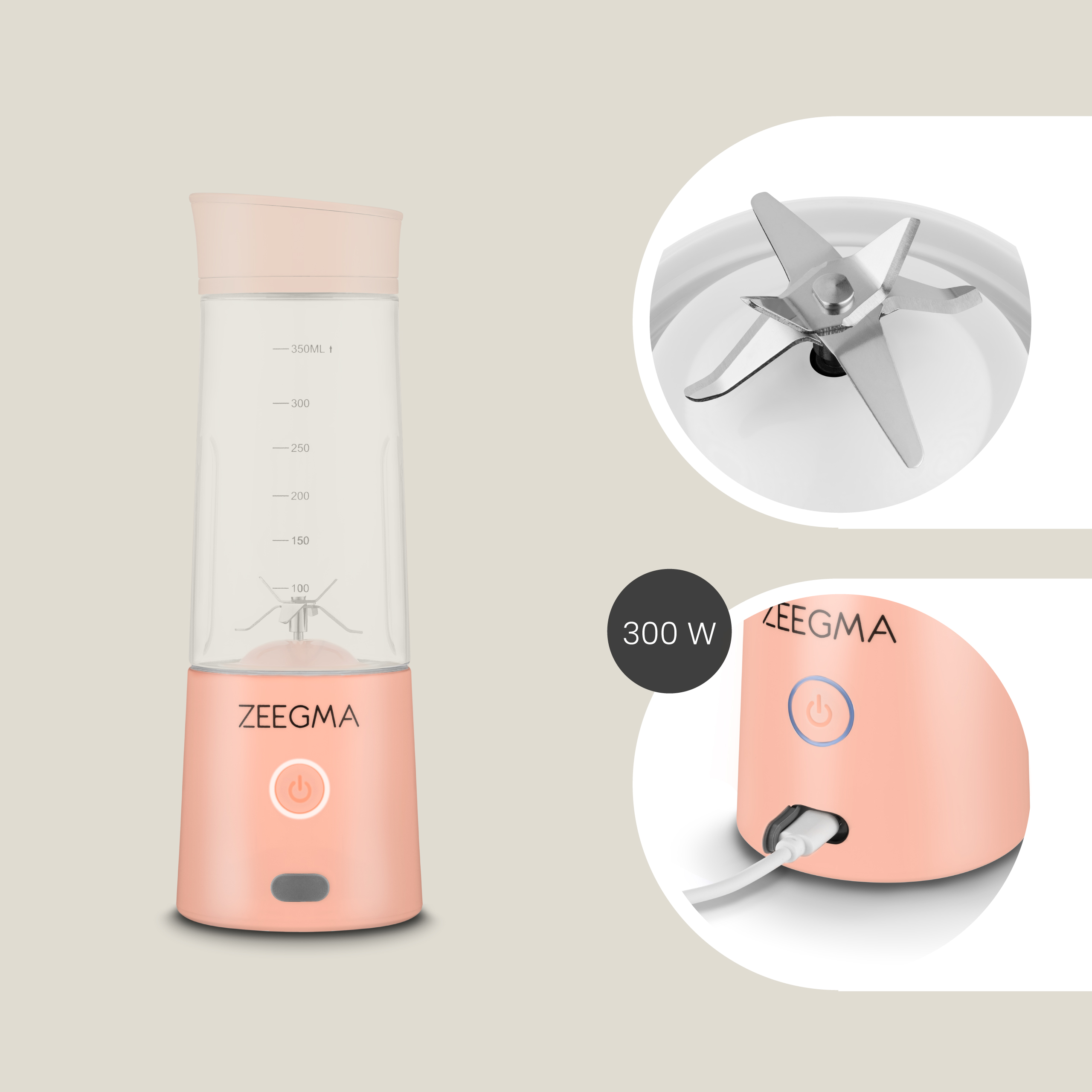 Różowy i biały blender. Zawiera ostrze i przycisk zasilania. Zbliżenie na szczegóły. Białe tło.