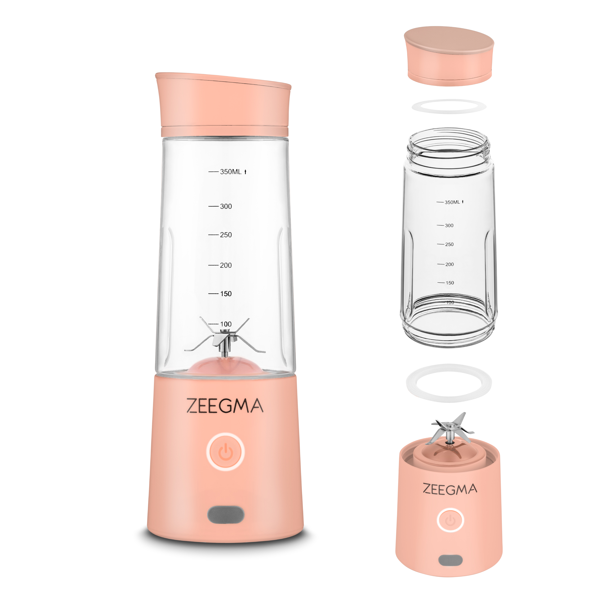 Rozłożony na części różowy blender Zeegma ze słoikiem, pokrywką, ostrzem i podstawą. Wszystkie części są wyizolowane.