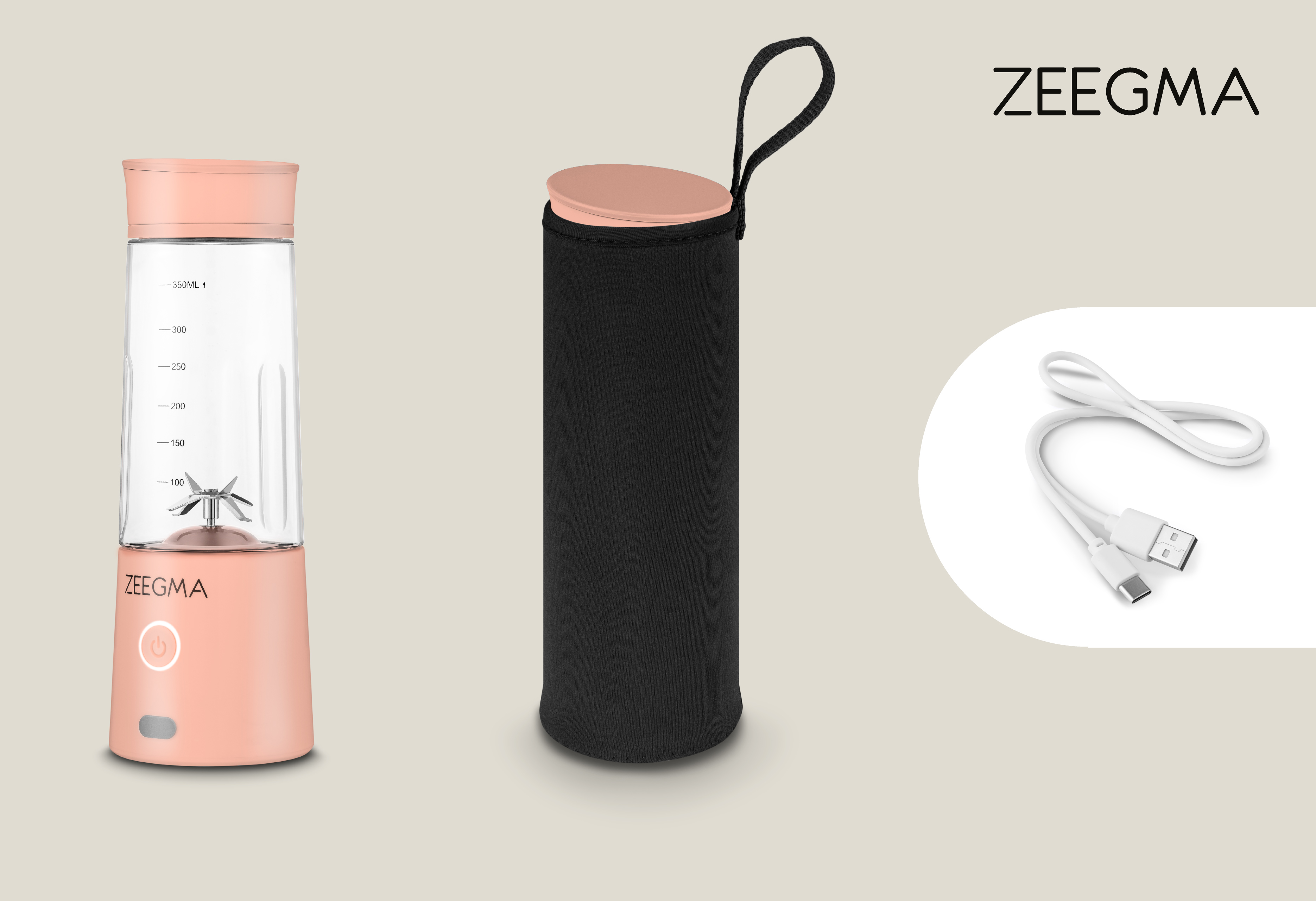 Różowy blender z akcesoriami i białym kablem.