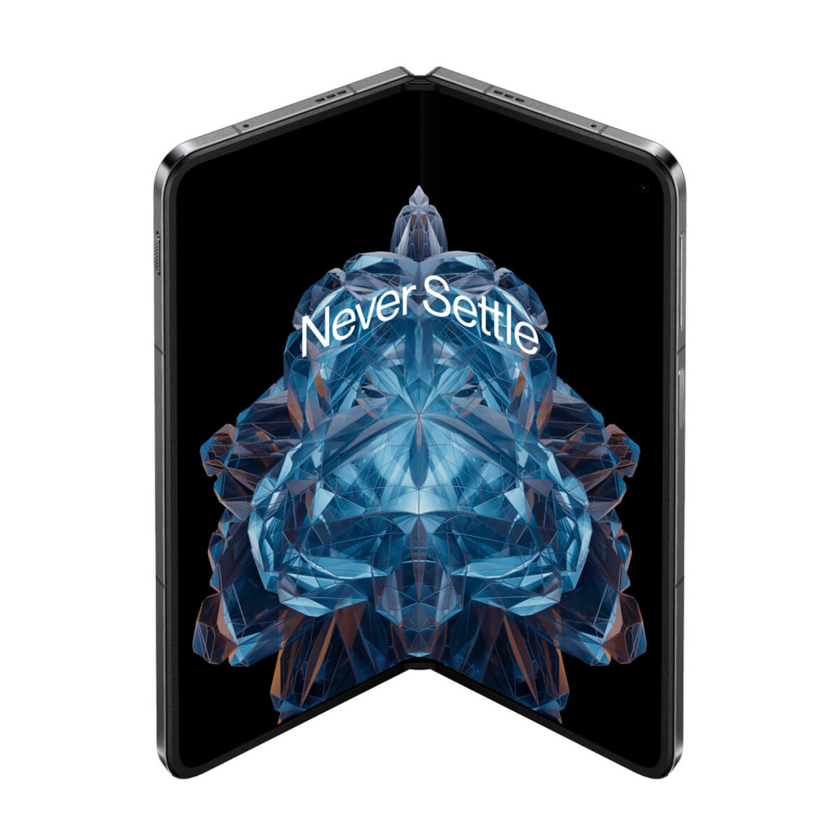 Składany telefon z unikalną grafiką na wewnętrznym ekranie, białe tło.