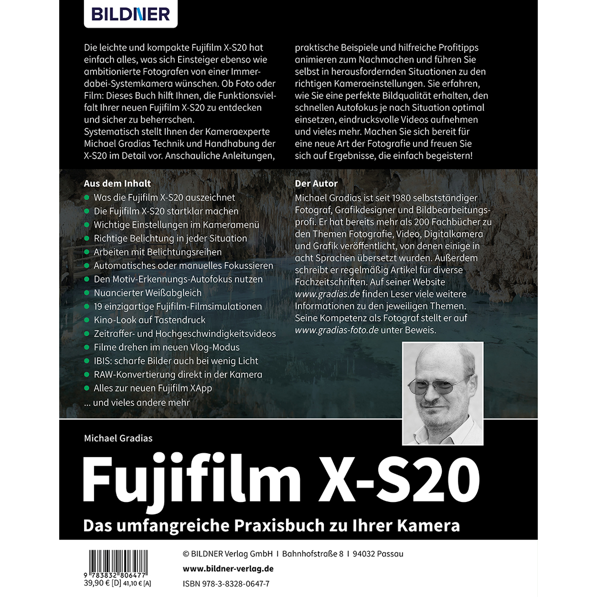 Buchcover mit Text über die Fujifilm X-S20 Kamera. Das Buch und das Bild des Autors sind sichtbar.