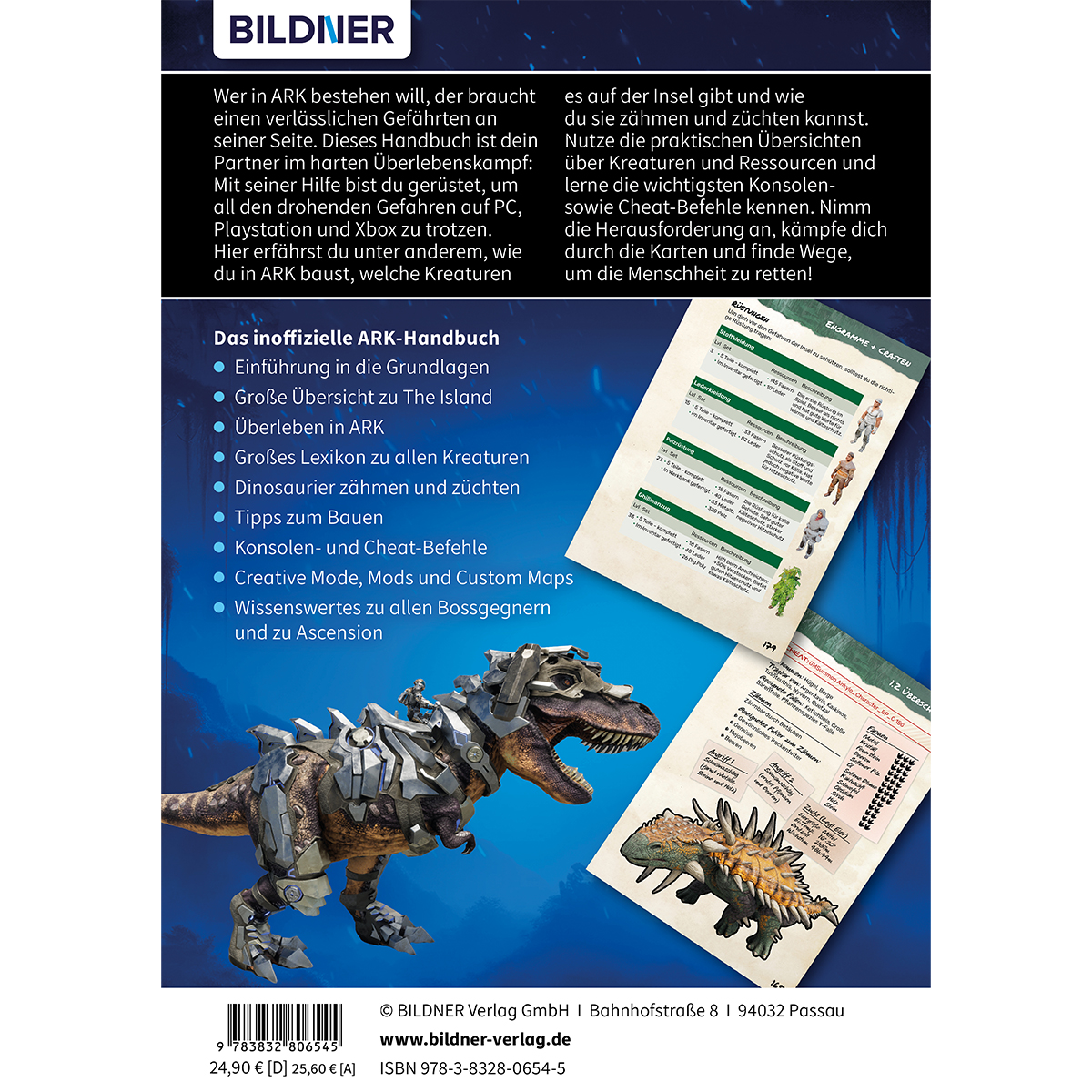 Buchcover: ARK-Überlebenshandbuch mit einem Dinosaurierbild.