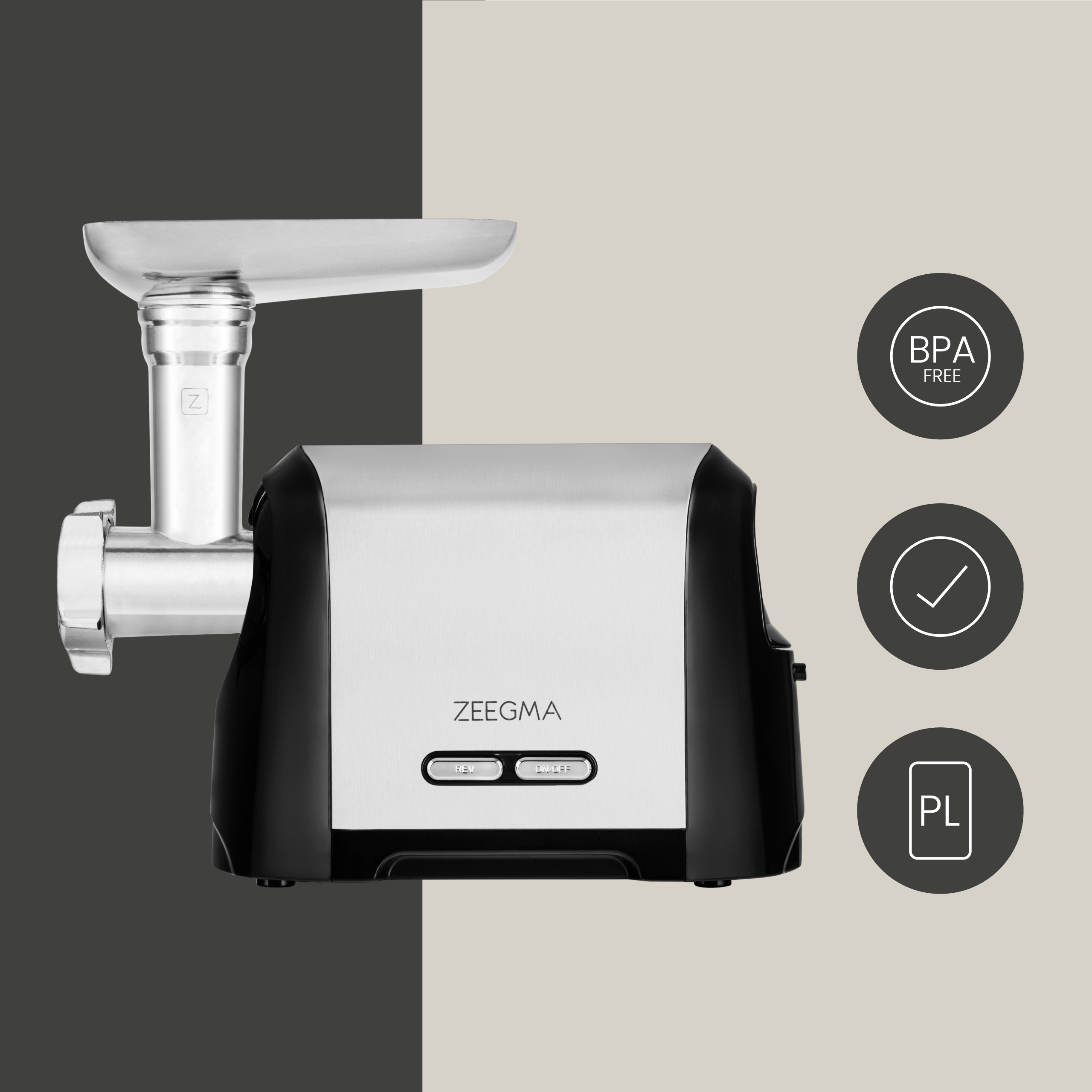 Czarna i srebrna maszynka do mięsa z tacką podającą. Po prawej stronie znajdują się trzy ikony.