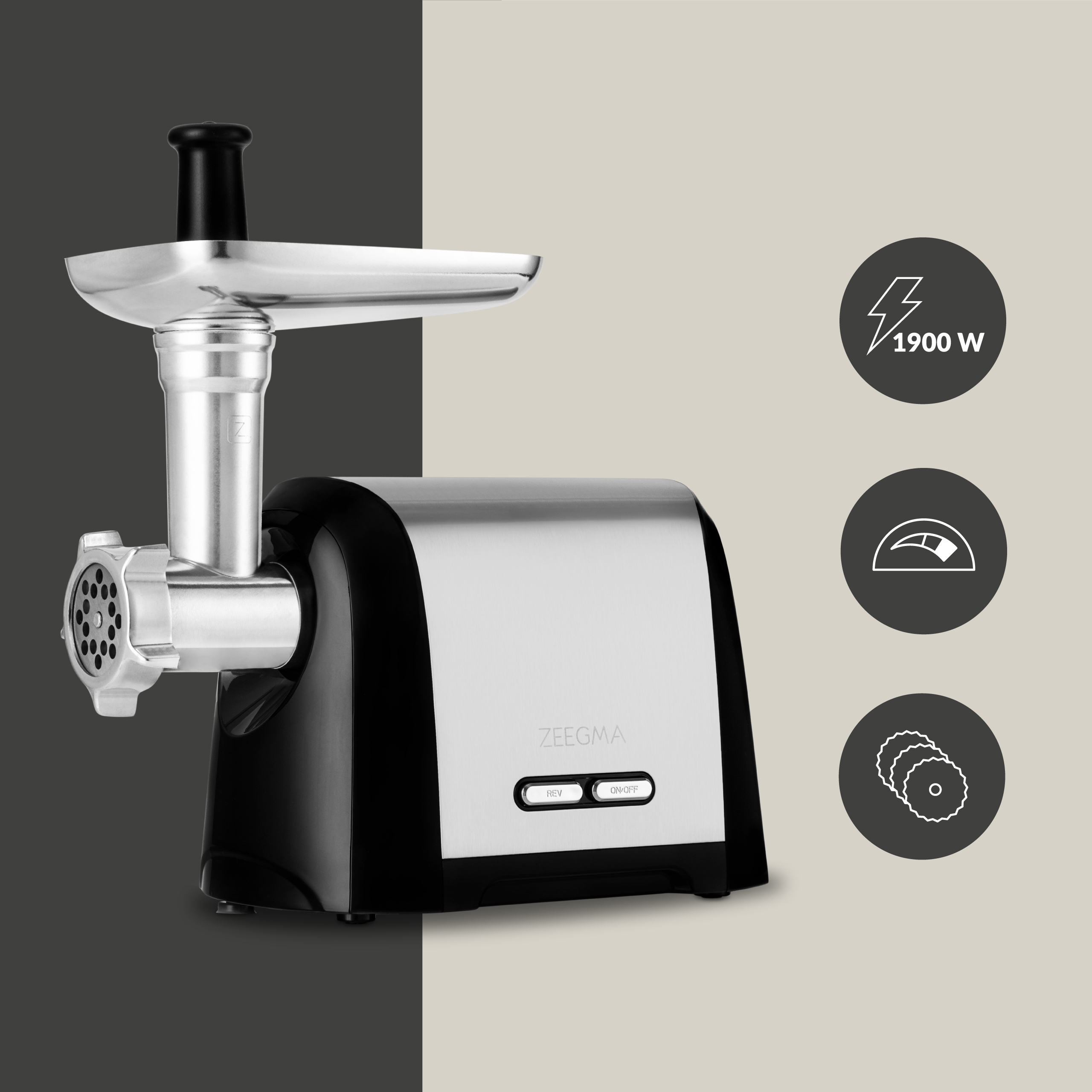 Maszynka do mięsa z czarnym i srebrnym korpusem, z trzema ikonami po prawej stronie.