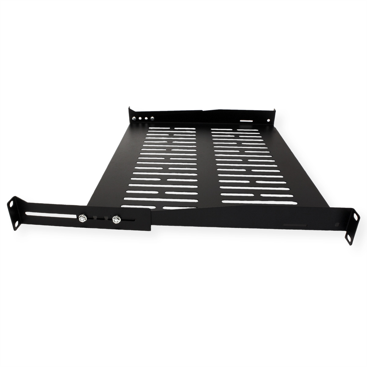 Ripiano per rack server in metallo nero con fessure di ventilazione e staffe di montaggio, isolato su sfondo bianco.