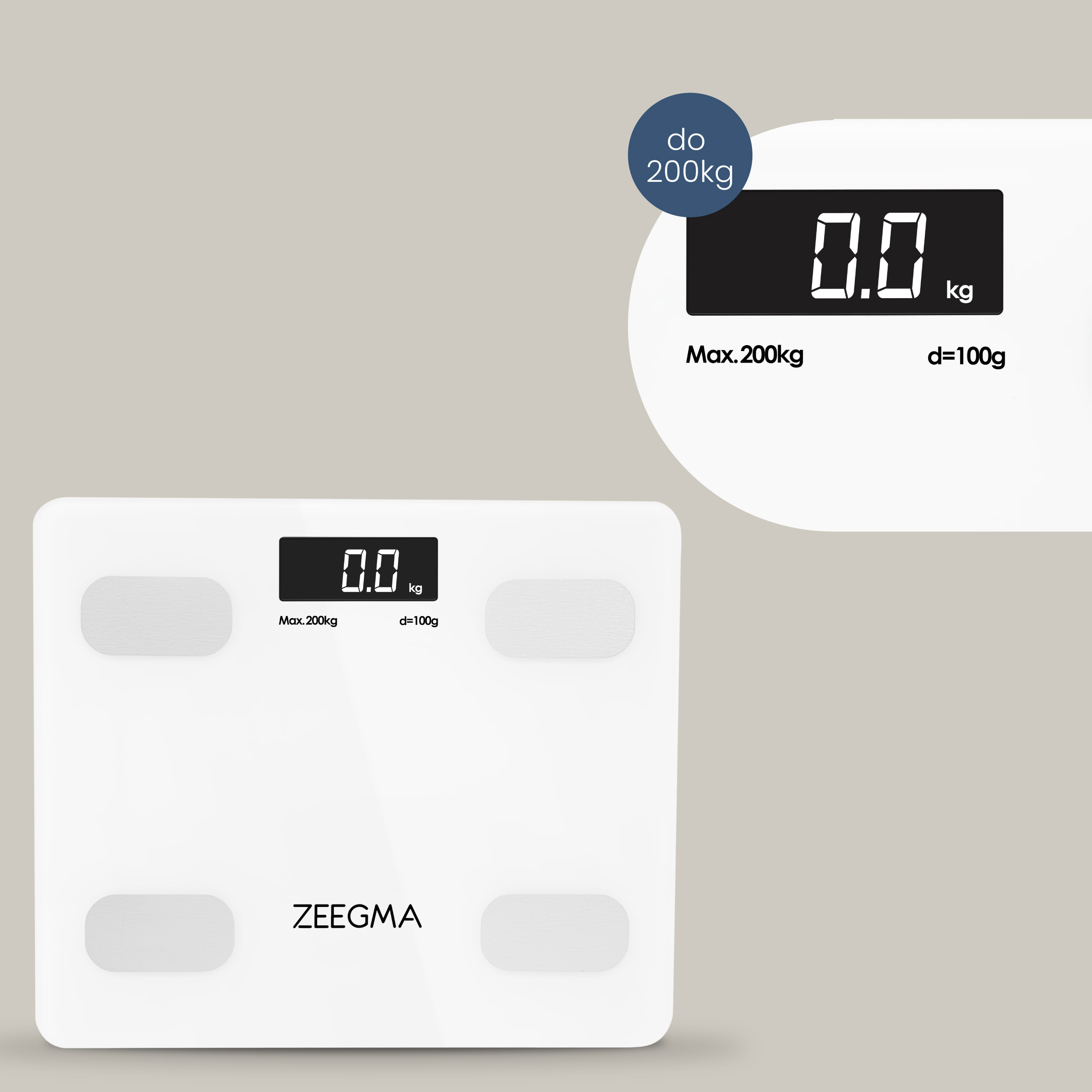 Witte digitale badkamerweegschaal met display, toont 0,0 kg. Close-up.