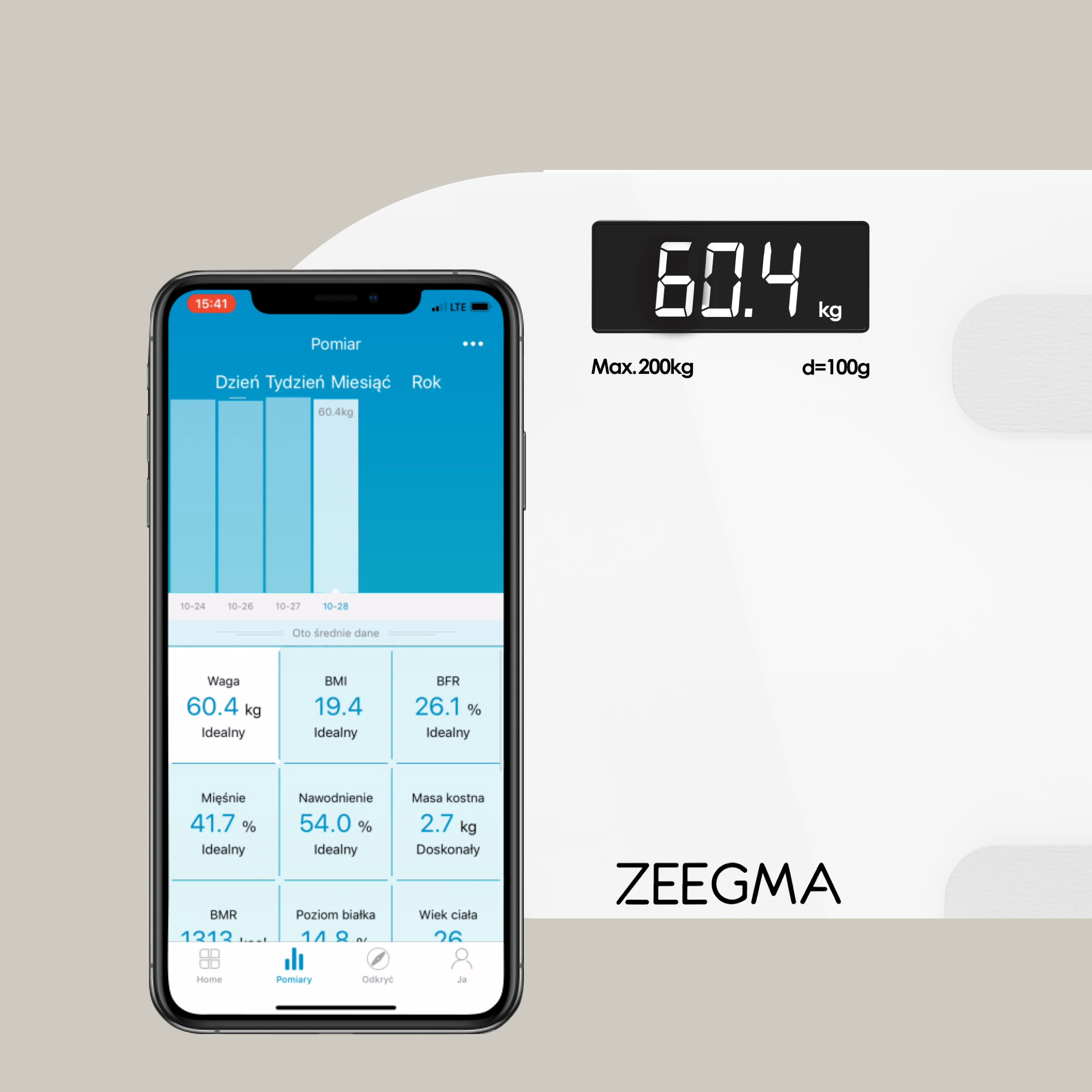 Slimme weegschaal die gewicht en lichaamssamenstelling toont op een smartphone-app.