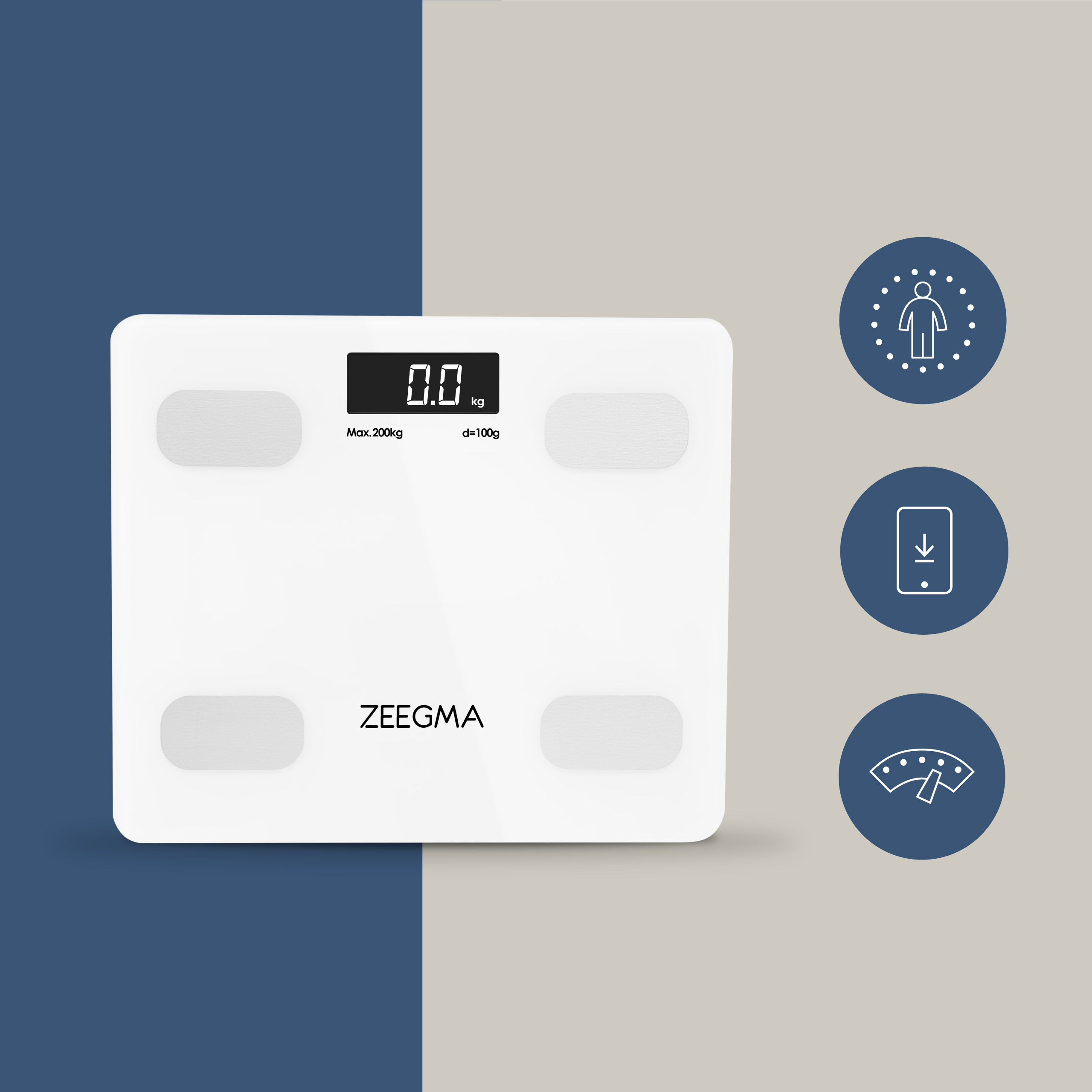 Biała waga cyfrowa na niebiesko-szarym tle z ikonami.
