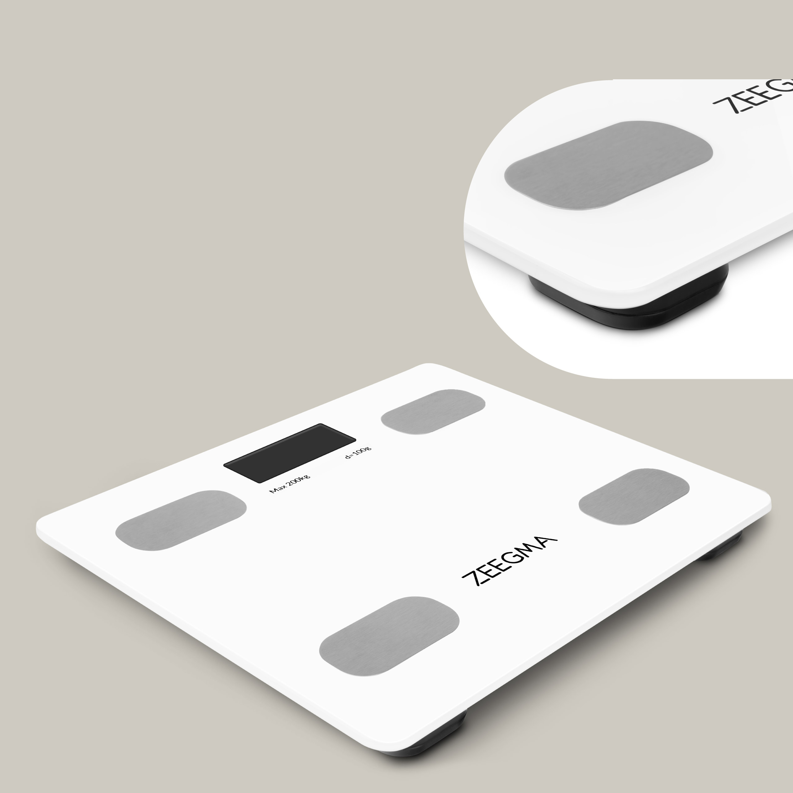 Biała cyfrowa waga łazienkowa z szarymi podkładkami, czarnym wyświetlaczem, białym tłem.