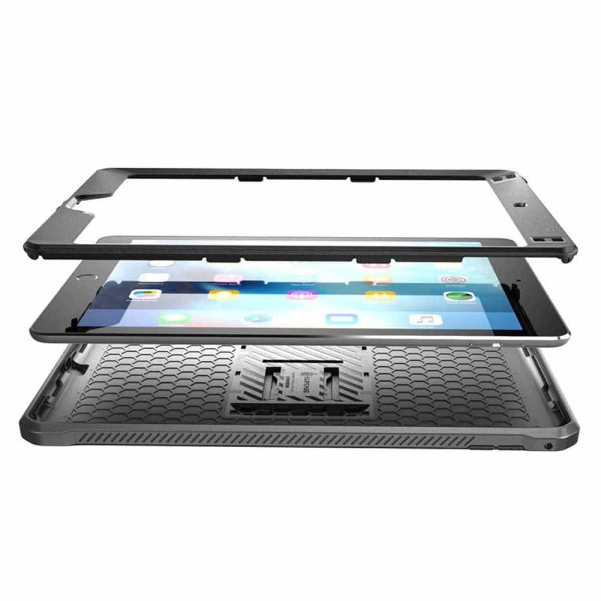 Tablet mit Schutzhülle. Die Schichten der Hülle sind über dem Tablet getrennt.