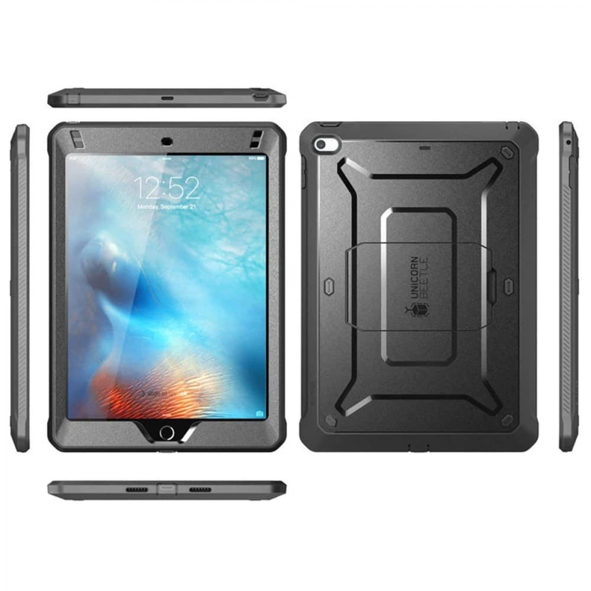 Eine dunkelgraue Tablet-Hülle mit Ansichten von vorne, hinten, oben und der Seite.