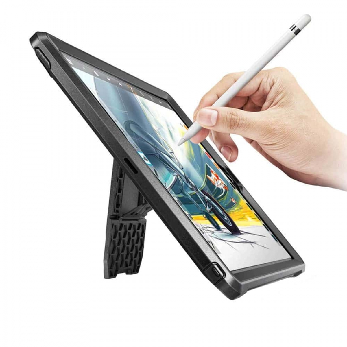 Ein schwarzes Tablet, das mit einem Ständer aufgestellt wird, eine Hand, die einen Stift über dem Bildschirm hält.