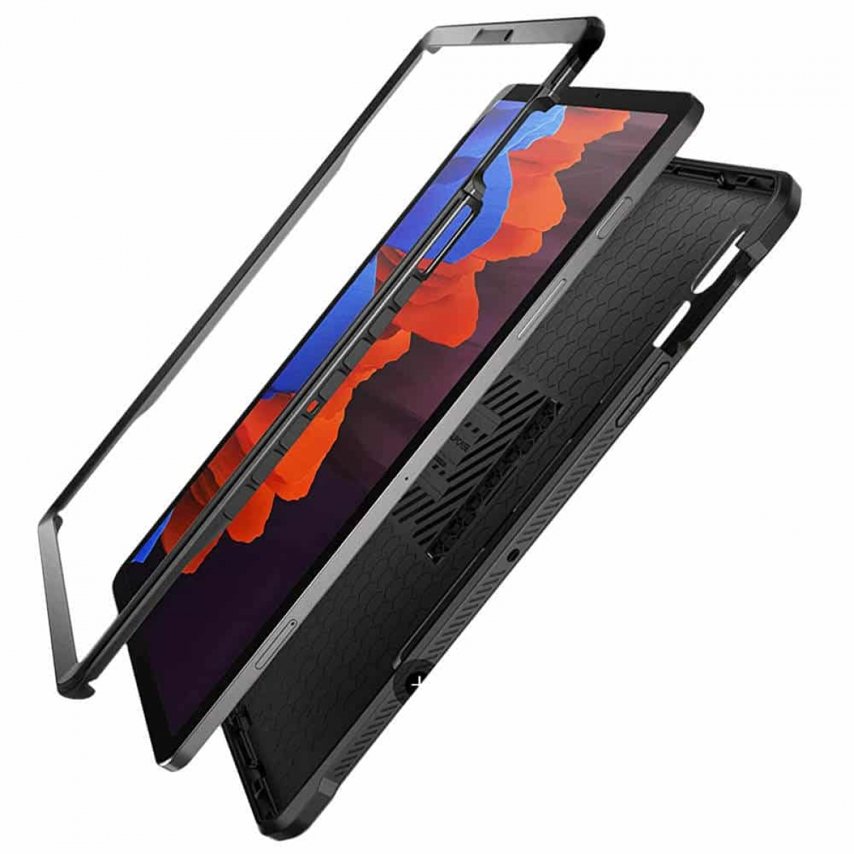 Tablet mit Displayschutz und Hülle. Schräge Ansicht, zeigt die Komponenten. Weißer HG.