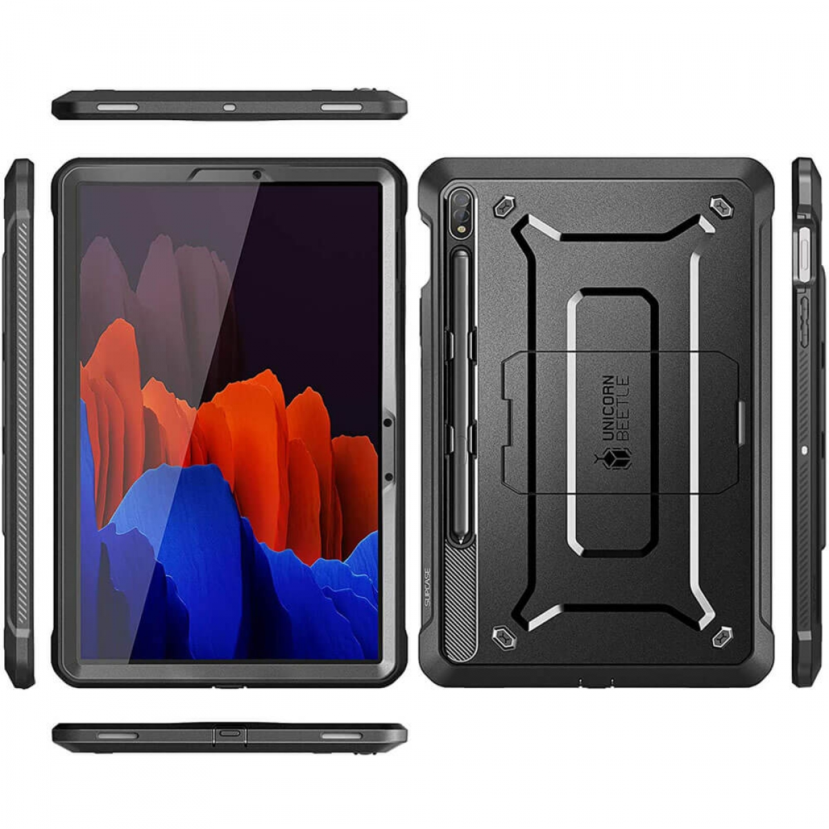 Tablet in robuster schwarzer Hülle. Mehrere Ansichten zeigen das Gerät und die Gehäusedetails.
