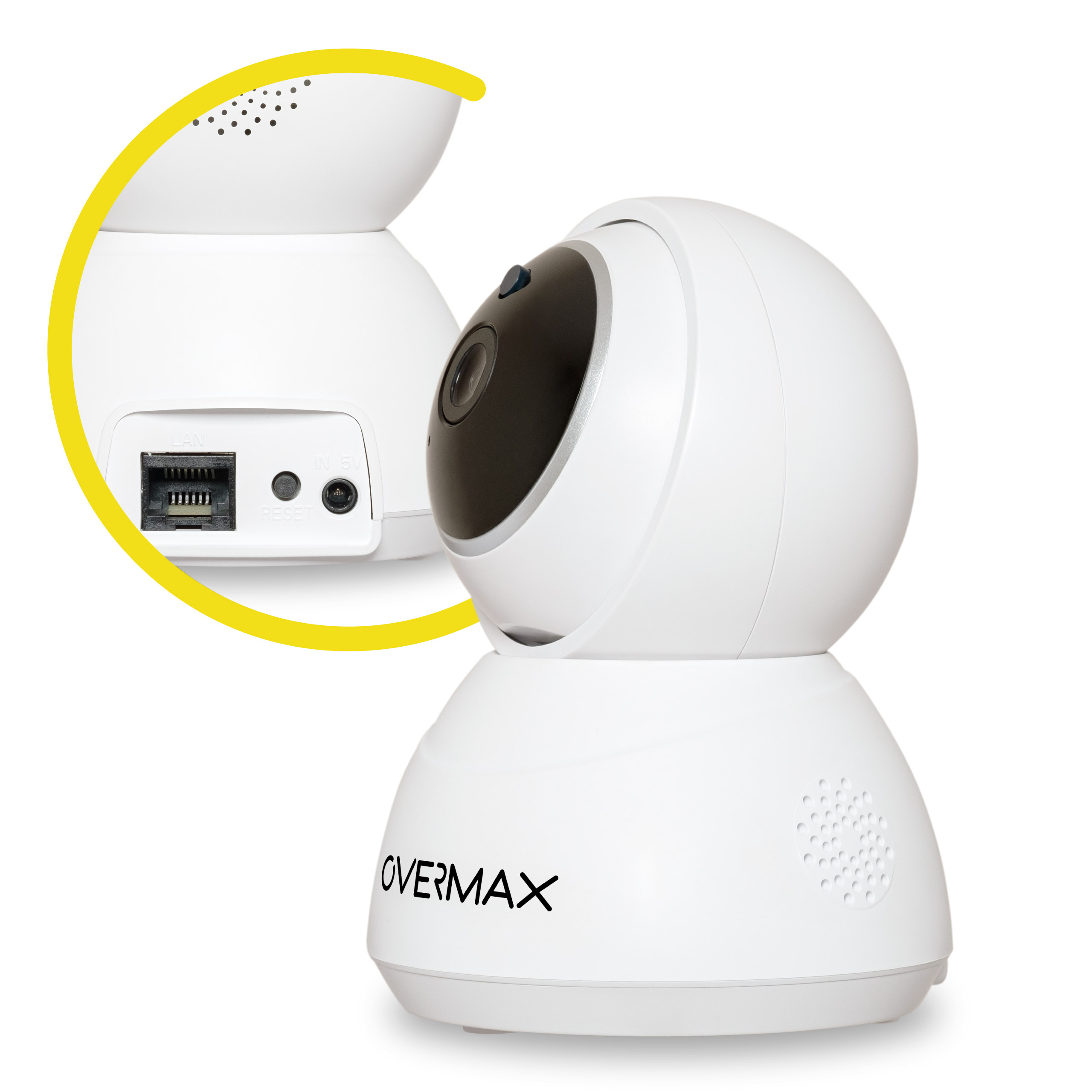 Biała kamera bezpieczeństwa ze zbliżeniem tylnego panelu na białym tle.