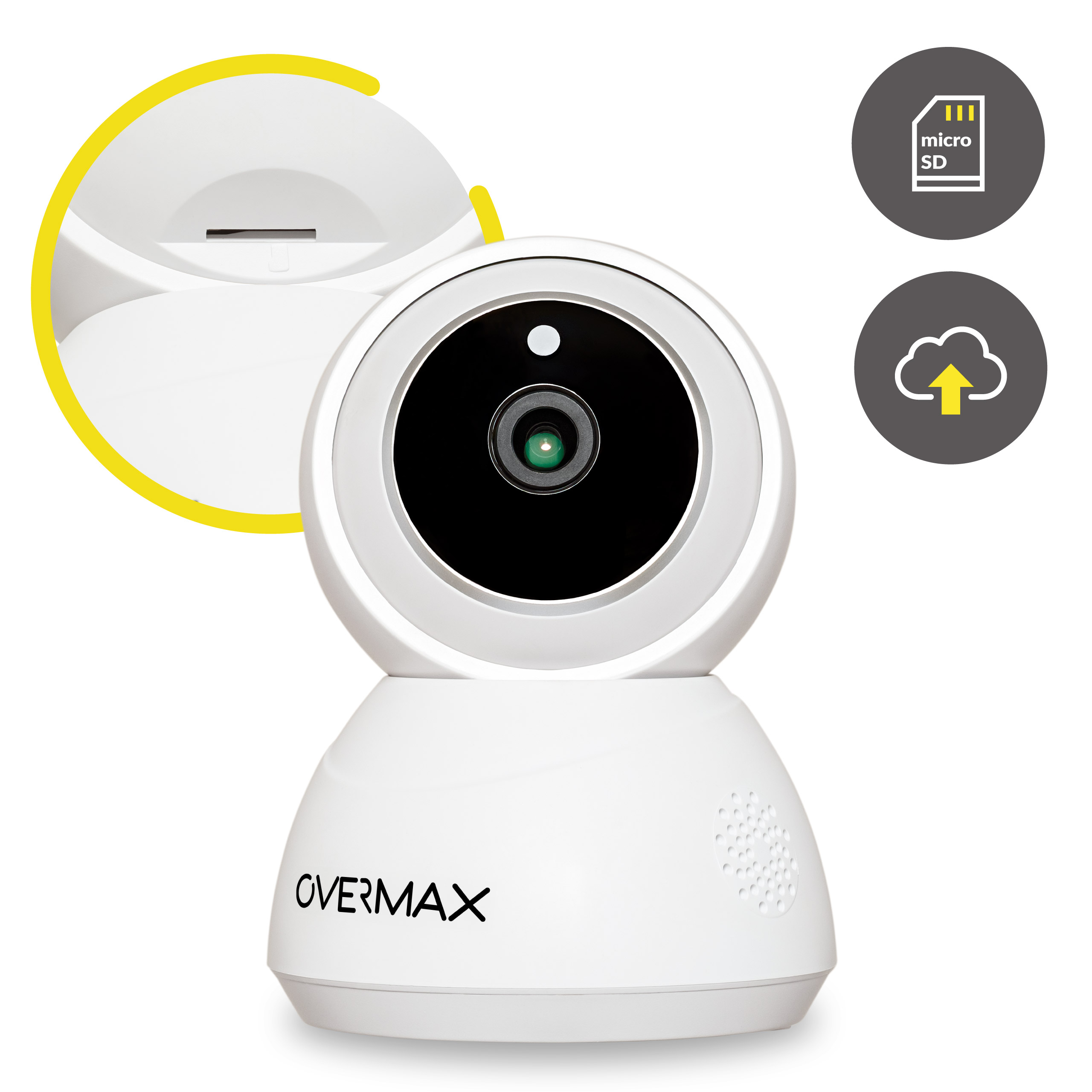 Biała kamera Overmax z czarnym obiektywem oraz ikonami karty micro SD i chmury.