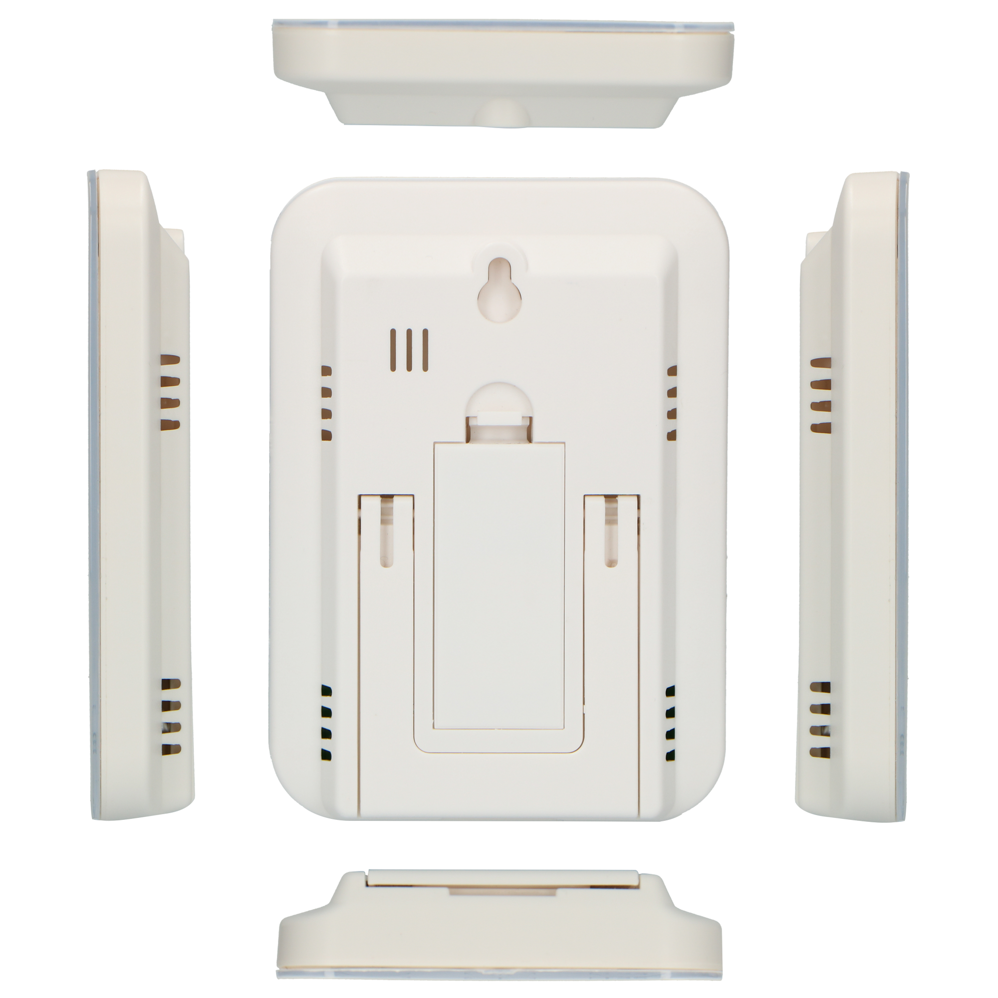 Białe urządzenie elektroniczne, wiele widoków. Zawiera perspektywy z góry, z dołu i z boku. Białe tło.