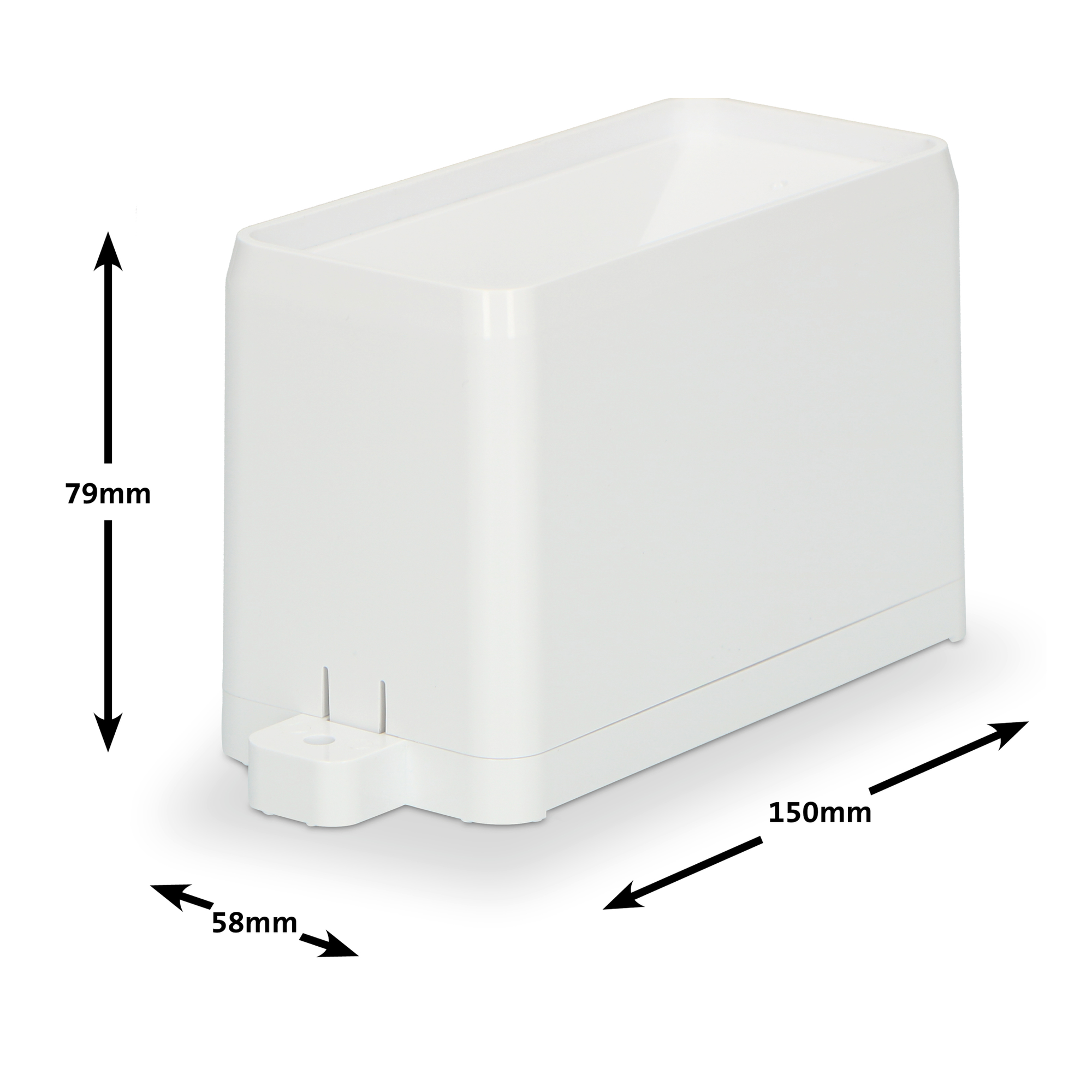 Biały prostokątny pojemnik ze zaznaczonymi wymiarami. Ma wargę i kilka wypustek na spodzie.