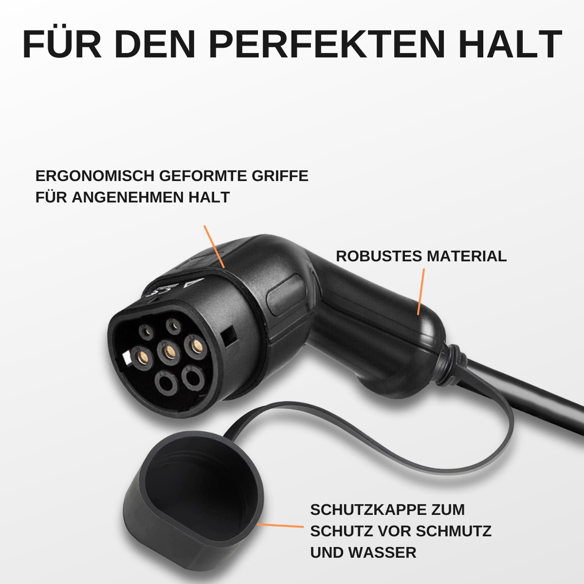 Schwarzer Ladeanschluss mit Kappe, beschriftet mit Text über ergonomische Griffe und robustes Material.