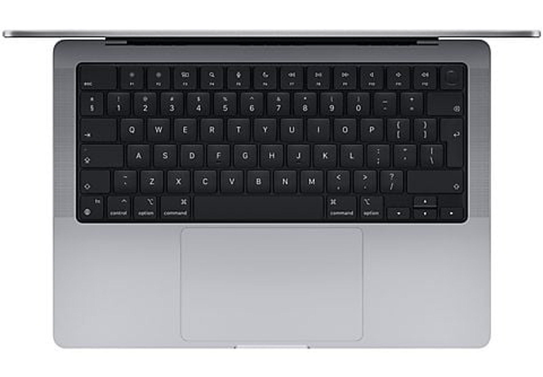 Overhead view of a silver laptop with a black keyboard and trackpad. The screen is open.