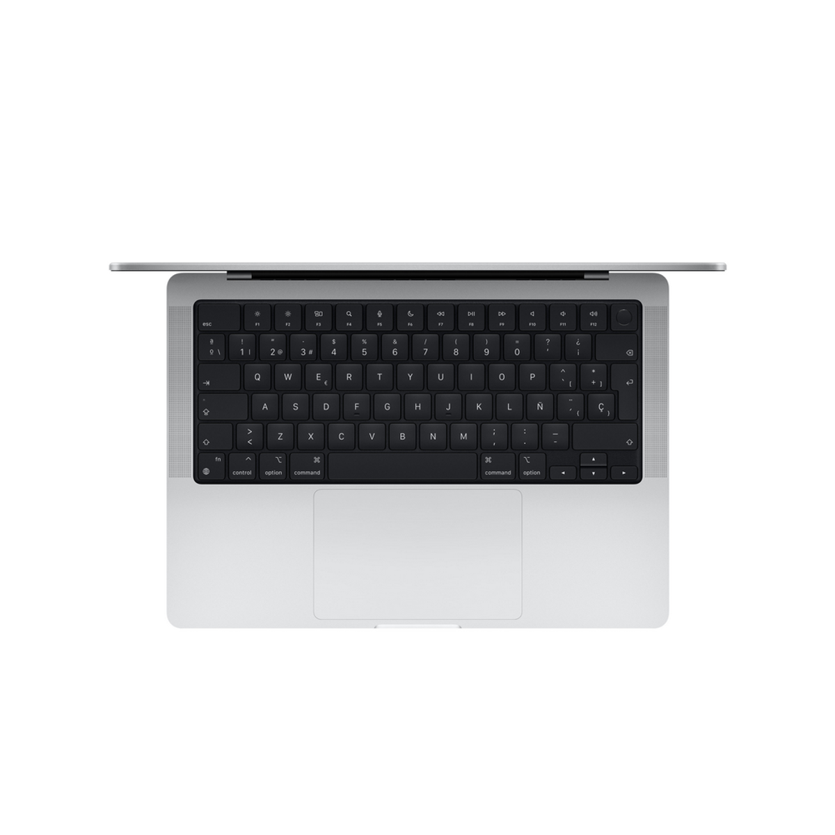 Draufsicht auf einen Laptop mit Tastatur, Trackpad und silbernem Rahmen, auf weißer Oberfläche.