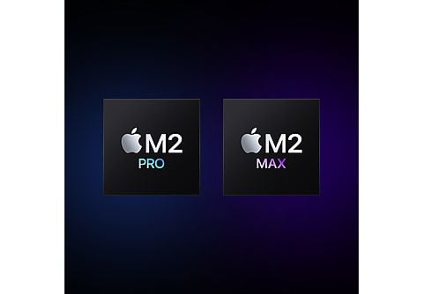Two black squares with Apple logo and M2 chips. One PRO, one MAX.