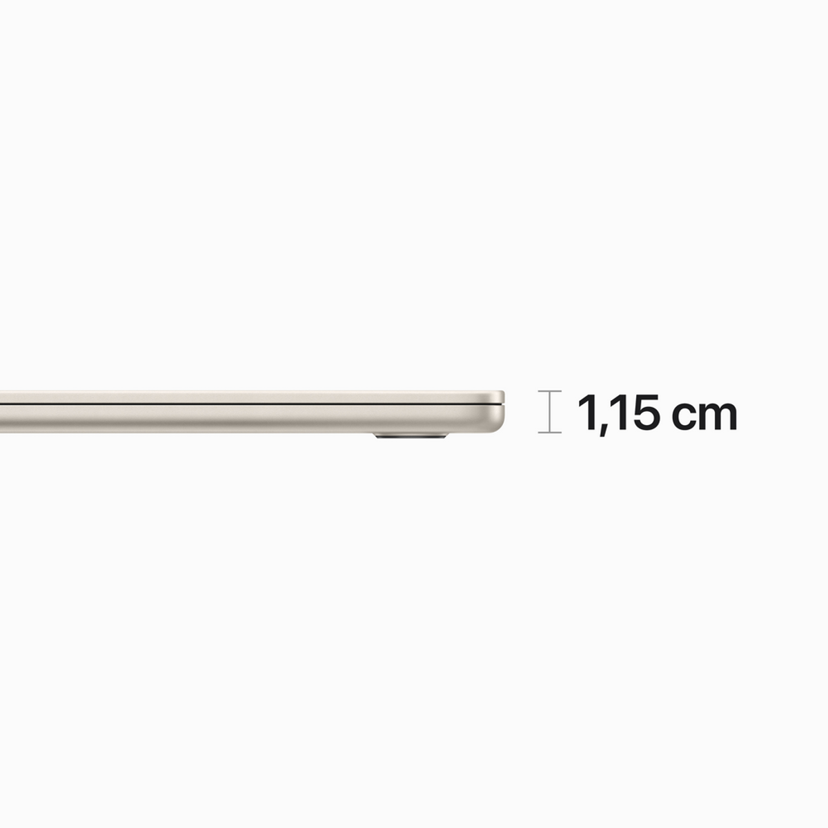 Seitenansicht eines Laptops, die die Dicke zeigt, mit 1,15 cm Beschriftung.