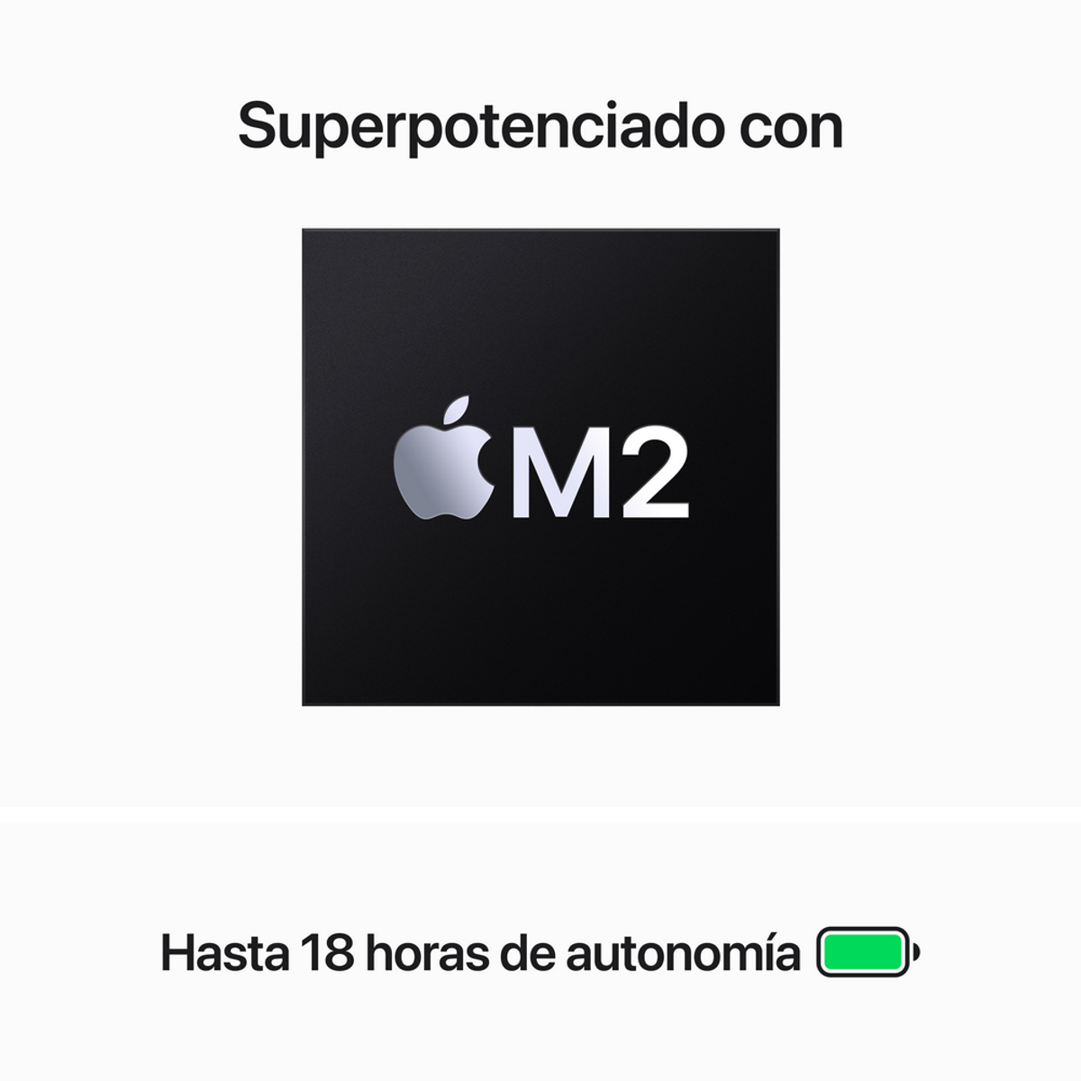 Logotipo del chip Apple M2 sobre fondo negro, con el texto "Superpotenciado con M2".