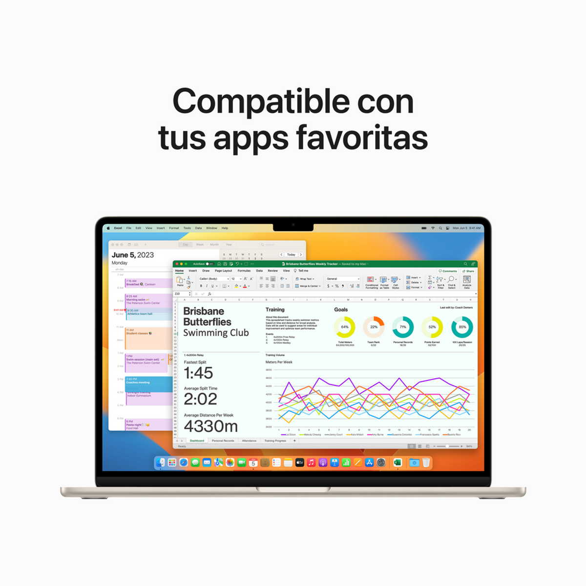 Laptop con foglio di calcolo, testo: 'Compatible con tus apps favoritas'.