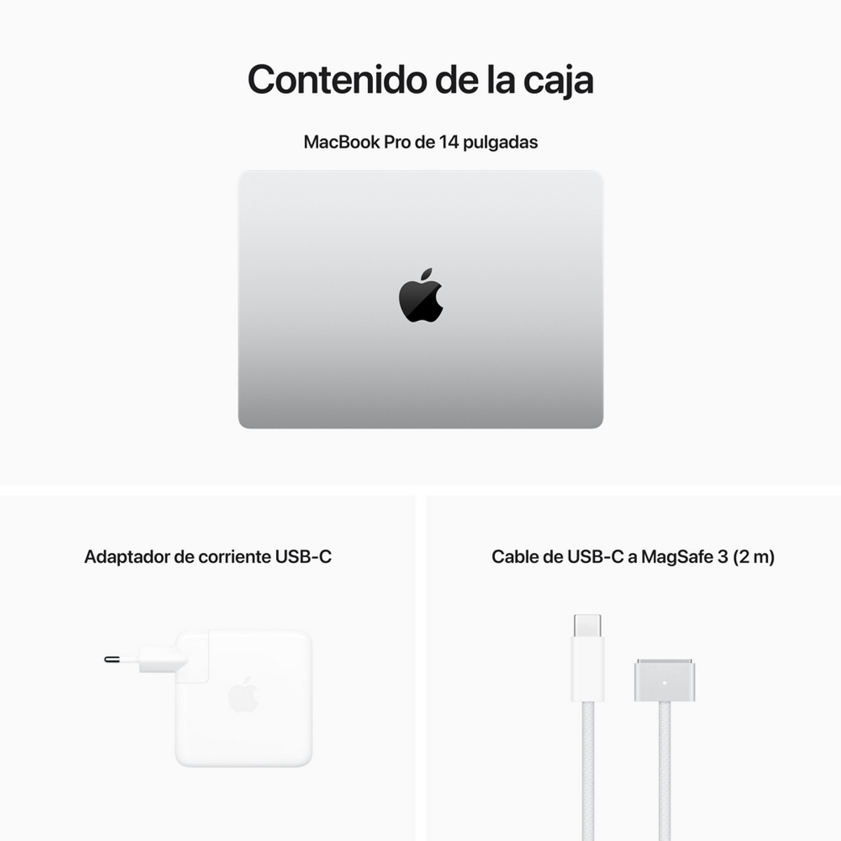 Weißer Hintergrund mit Laptop und zwei Zubehörteilen. Text: MacBook Pro 14 pulgadas.