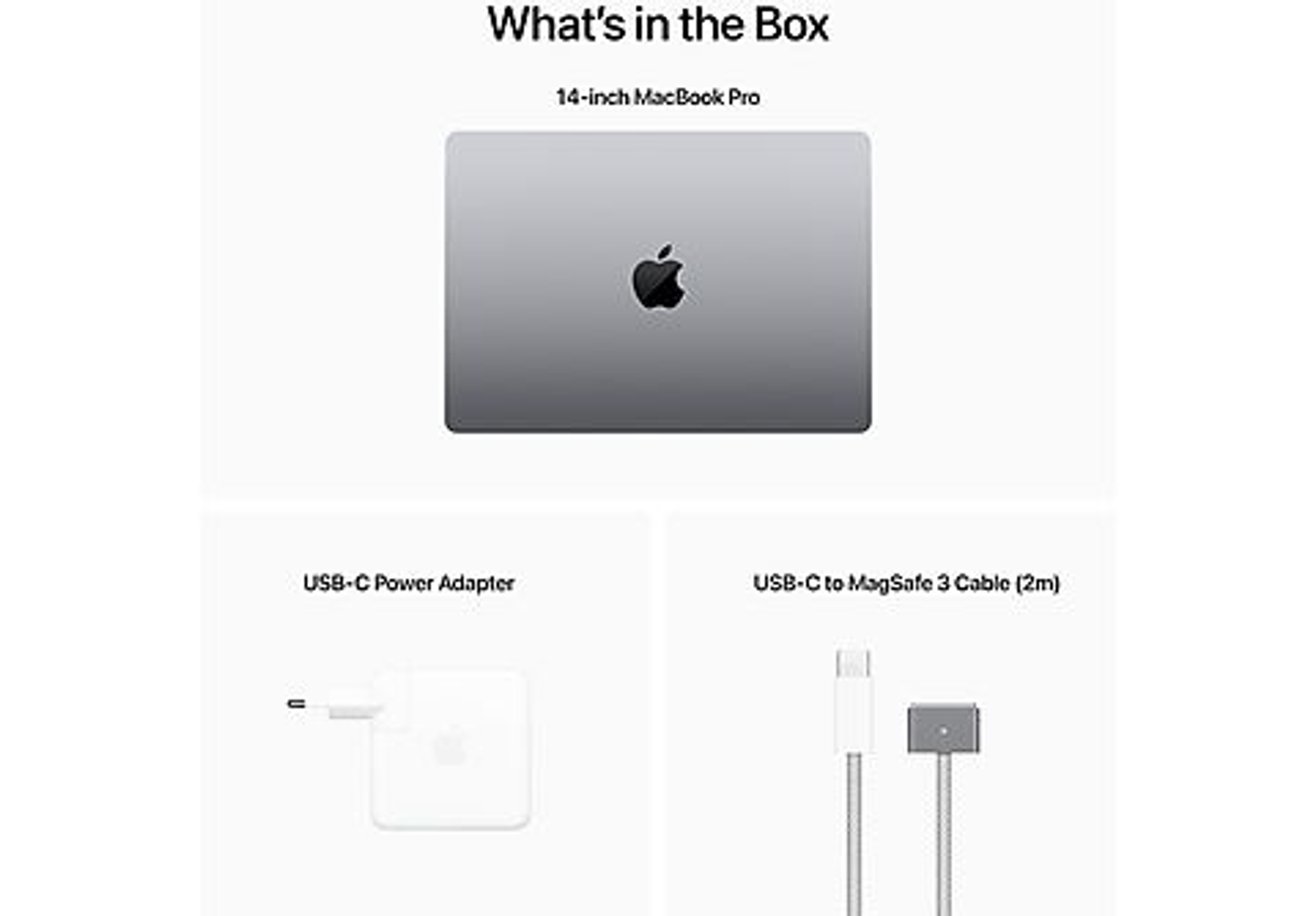 Contents of a MacBook Pro box, including a charger and cable.