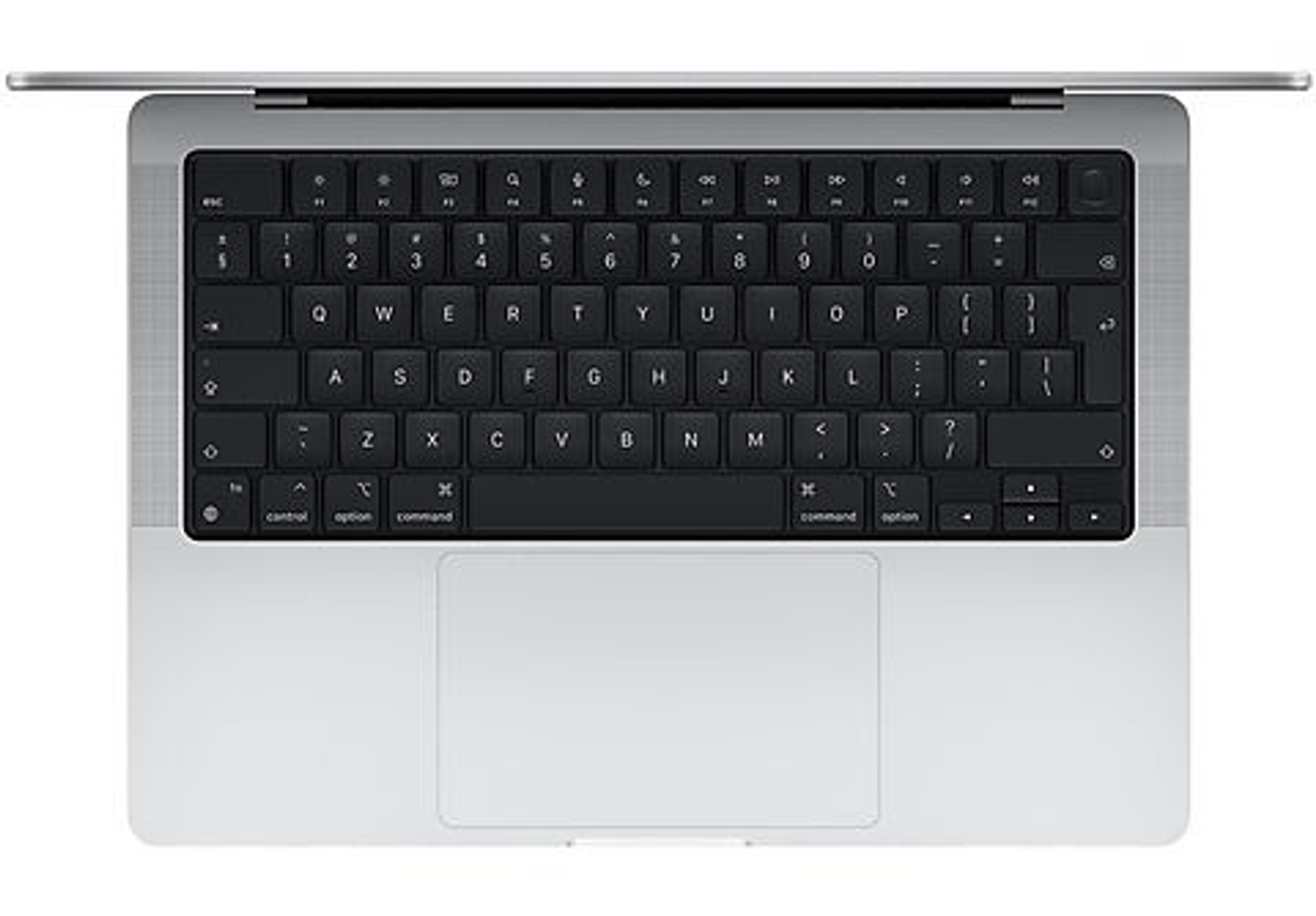 Teclado plateado de portátil con teclas negras, panel táctil blanco y marco plateado.