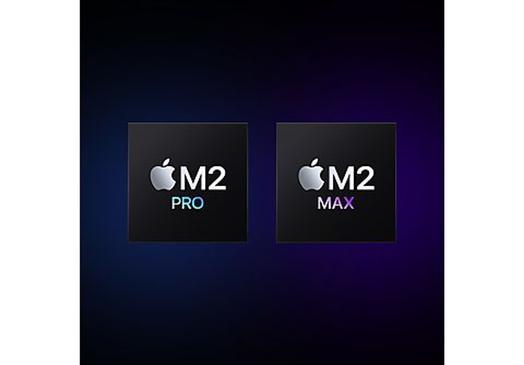 Primer plano de dos chips cuadrados con texto Apple M2 Pro & Max.