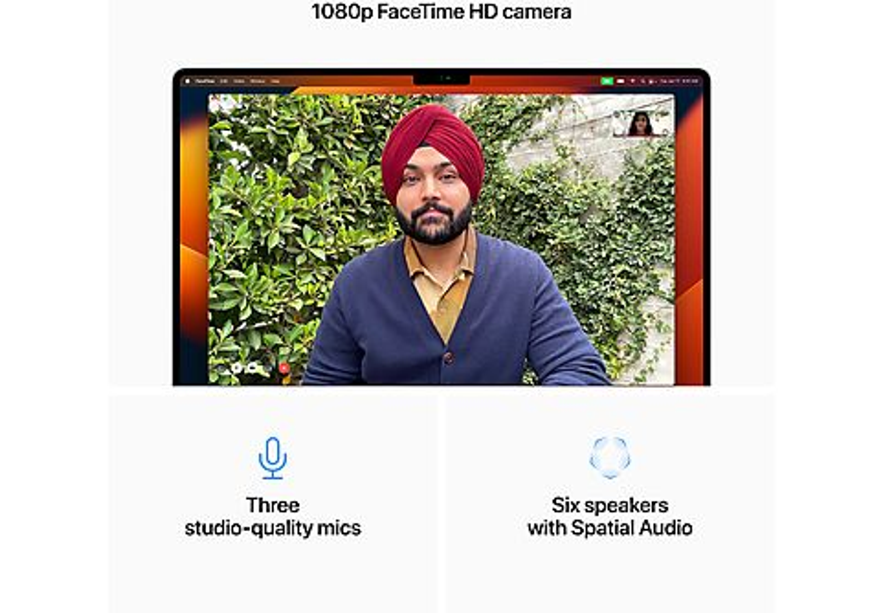 Un portátil muestra una videollamada con un hombre con turbante, con iconos de micrófono y altavoz.
