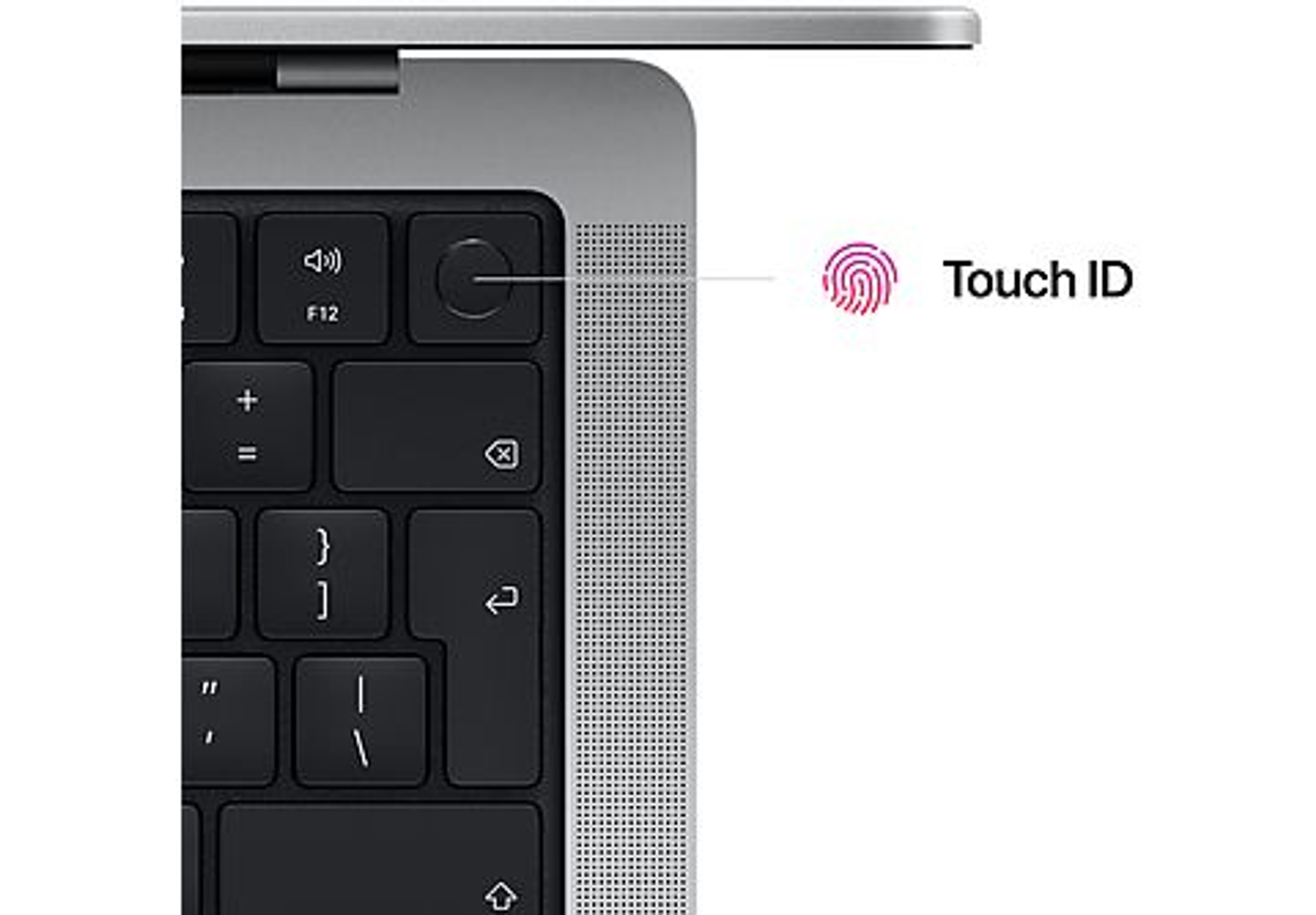 Primer plano de un teclado de portátil y botón de encendido con la marca Touch ID.