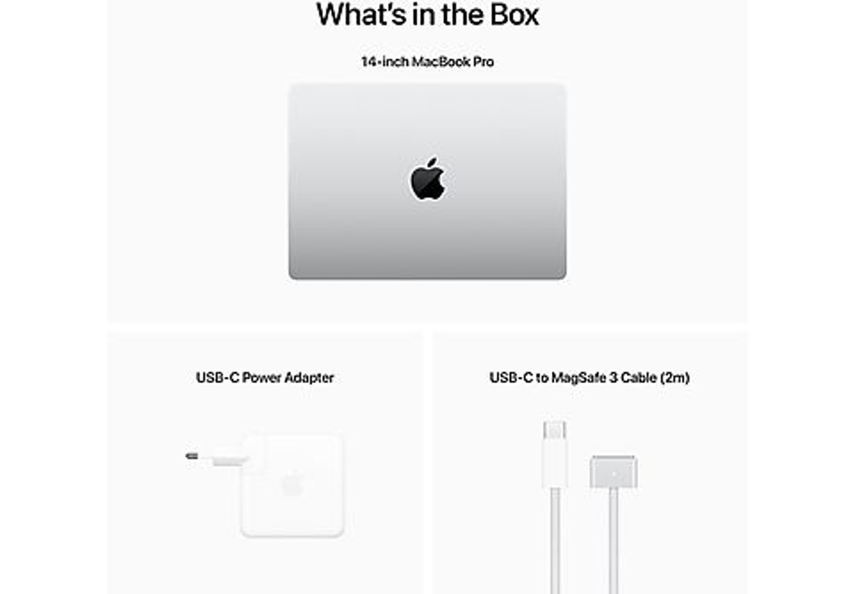 Hoja blanca con portátil, adaptador de corriente y cable. Texto: 'Qué hay en la caja'.