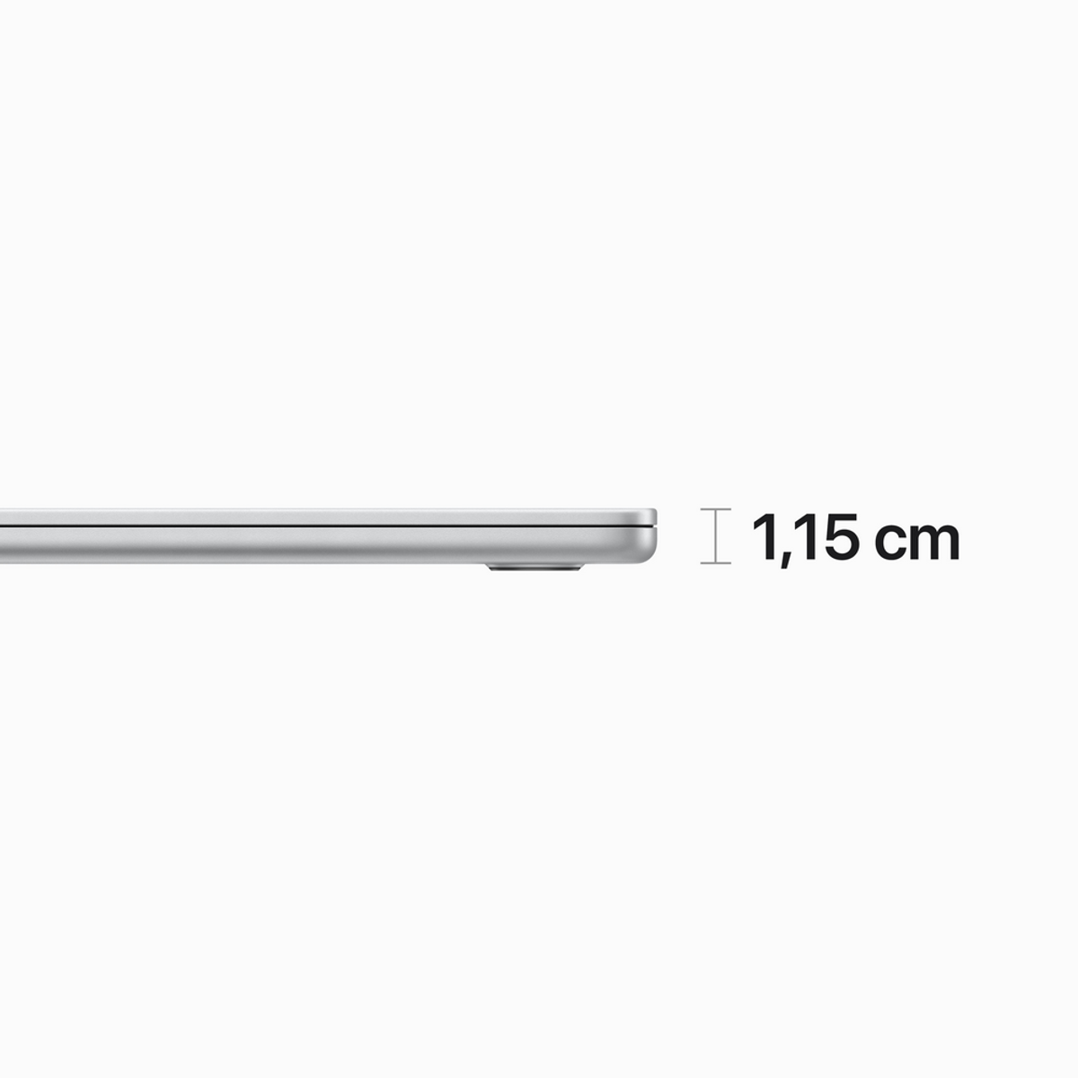 Seitenansicht eines Laptops. Silberne Farbe. Zeigt die Dicke von 1,15 cm.