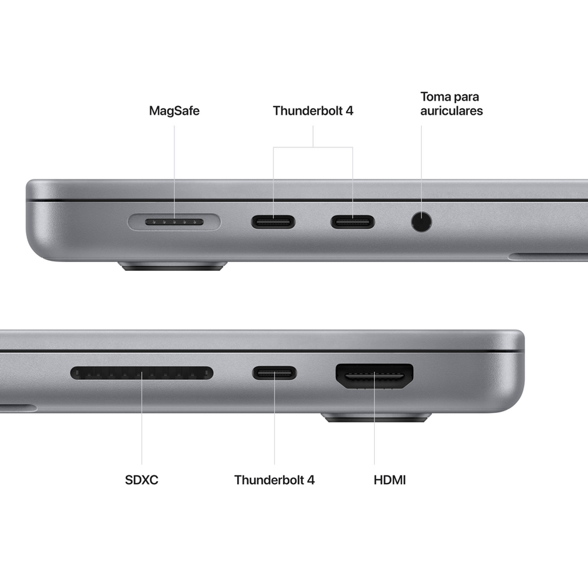 Nahaufnahme der Seite eines Laptops mit MagSafe, Thunderbolt 4, Kopfhöreranschluss und SDXC-, HDMI-Anschlüssen.