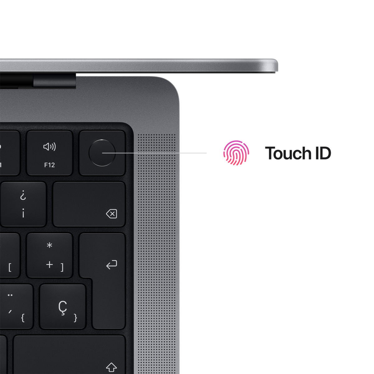 Nahaufnahme einer Laptop-Tastatur mit Touch ID. Fingerabdrucksymbol neben dem Ein-/Ausschalter.
