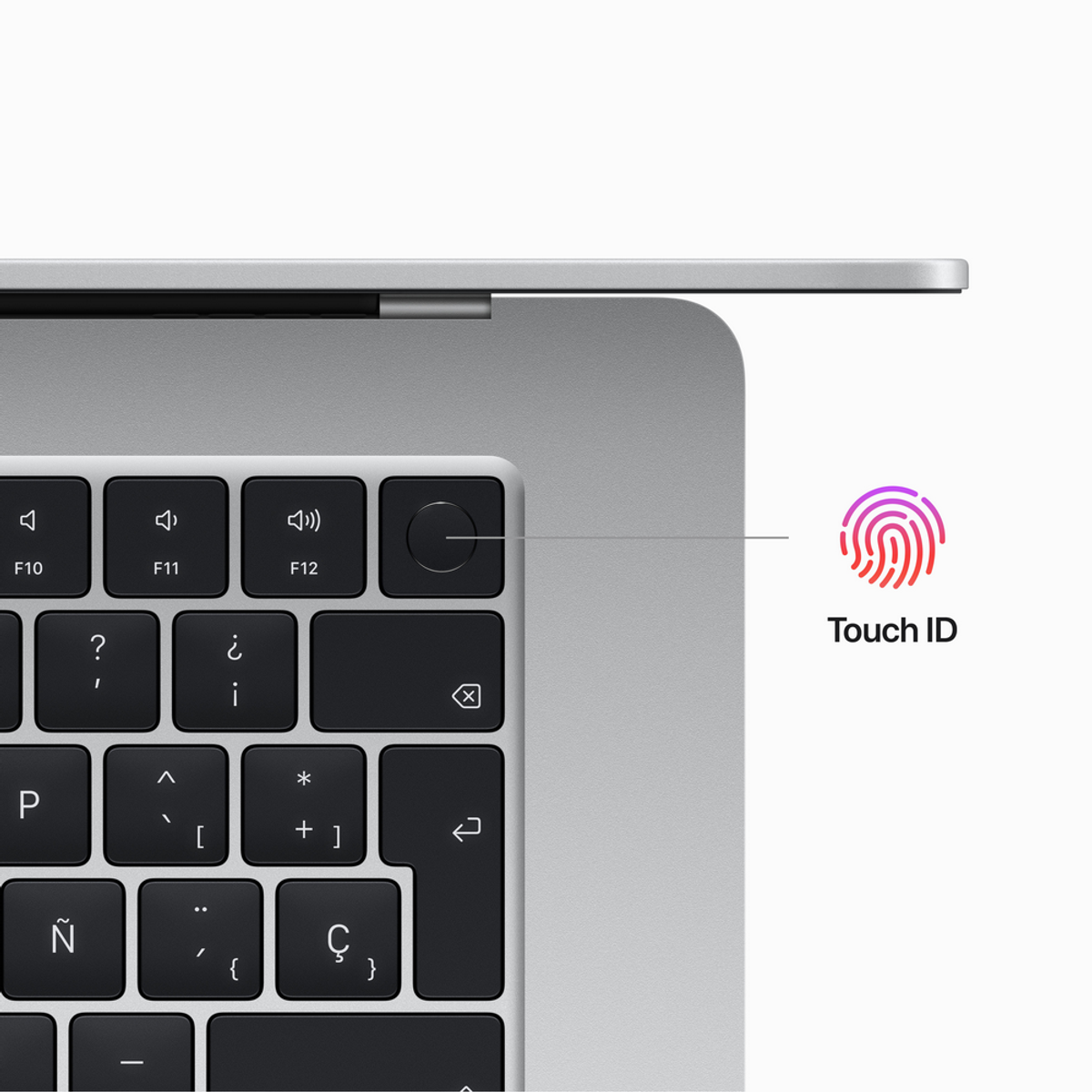 Tastiera del laptop con pulsante Touch ID. Tasti neri e cornice argentata. L'impronta digitale è viola.