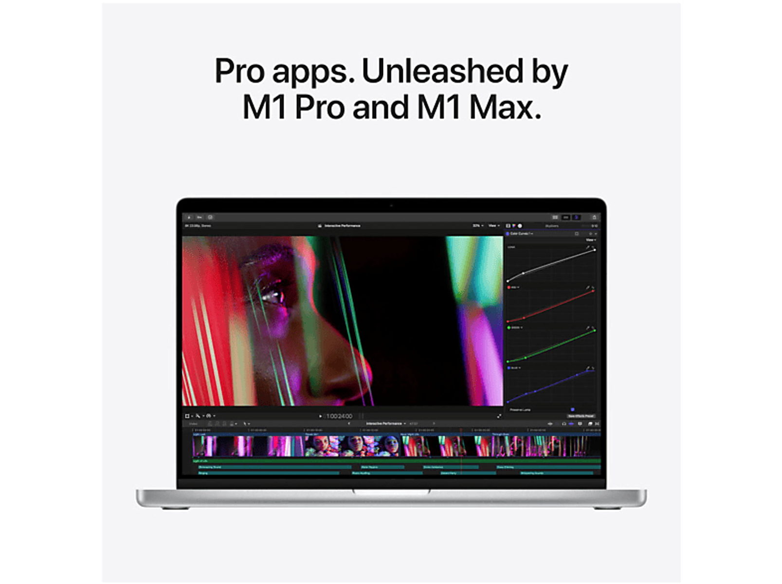 A laptop showing a video editing interface, with text: Pro apps. Unleashed by M1 Pro and M1 Max.