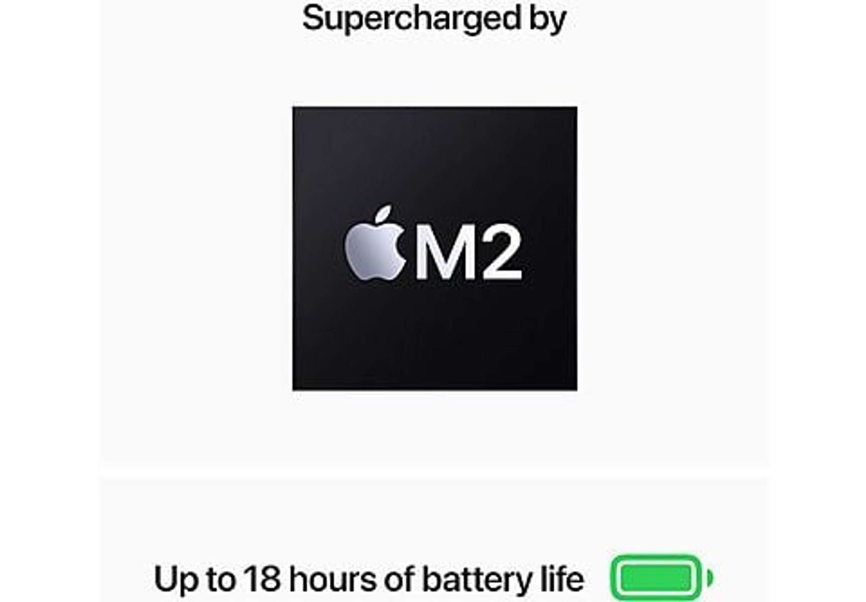 Logo del chip Apple M2 con testo, indicatore di durata della batteria. Sfondo bianco.