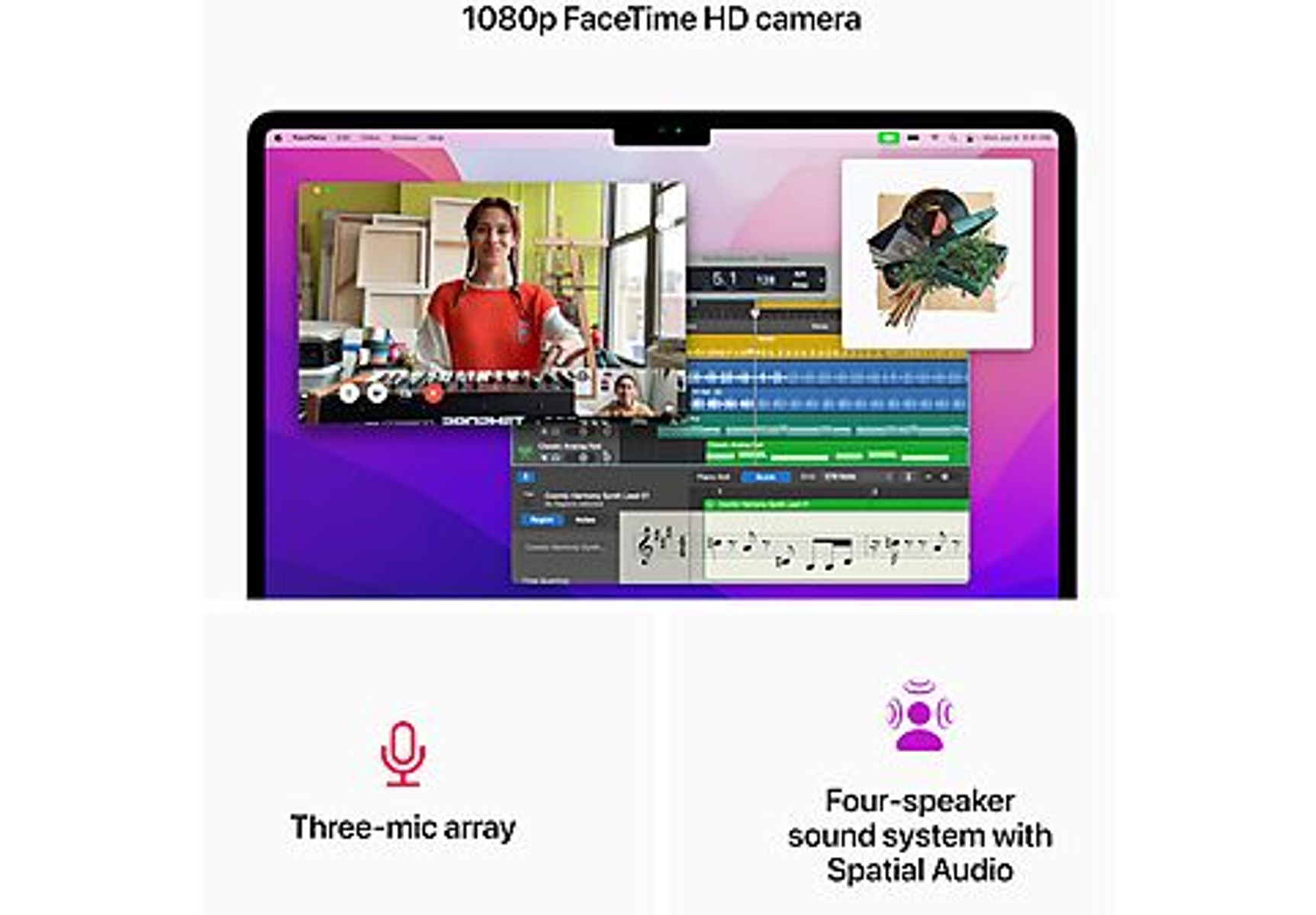Schermo del laptop che mostra videochiamata e software di editing musicale, icone audio.