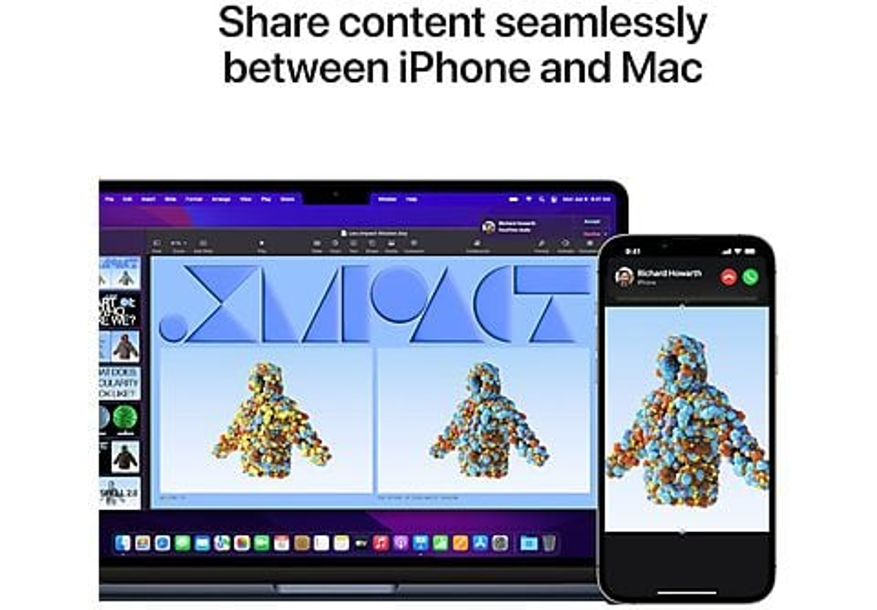 iPhone e Mac visualizzano una presentazione su sfondo azzurro.