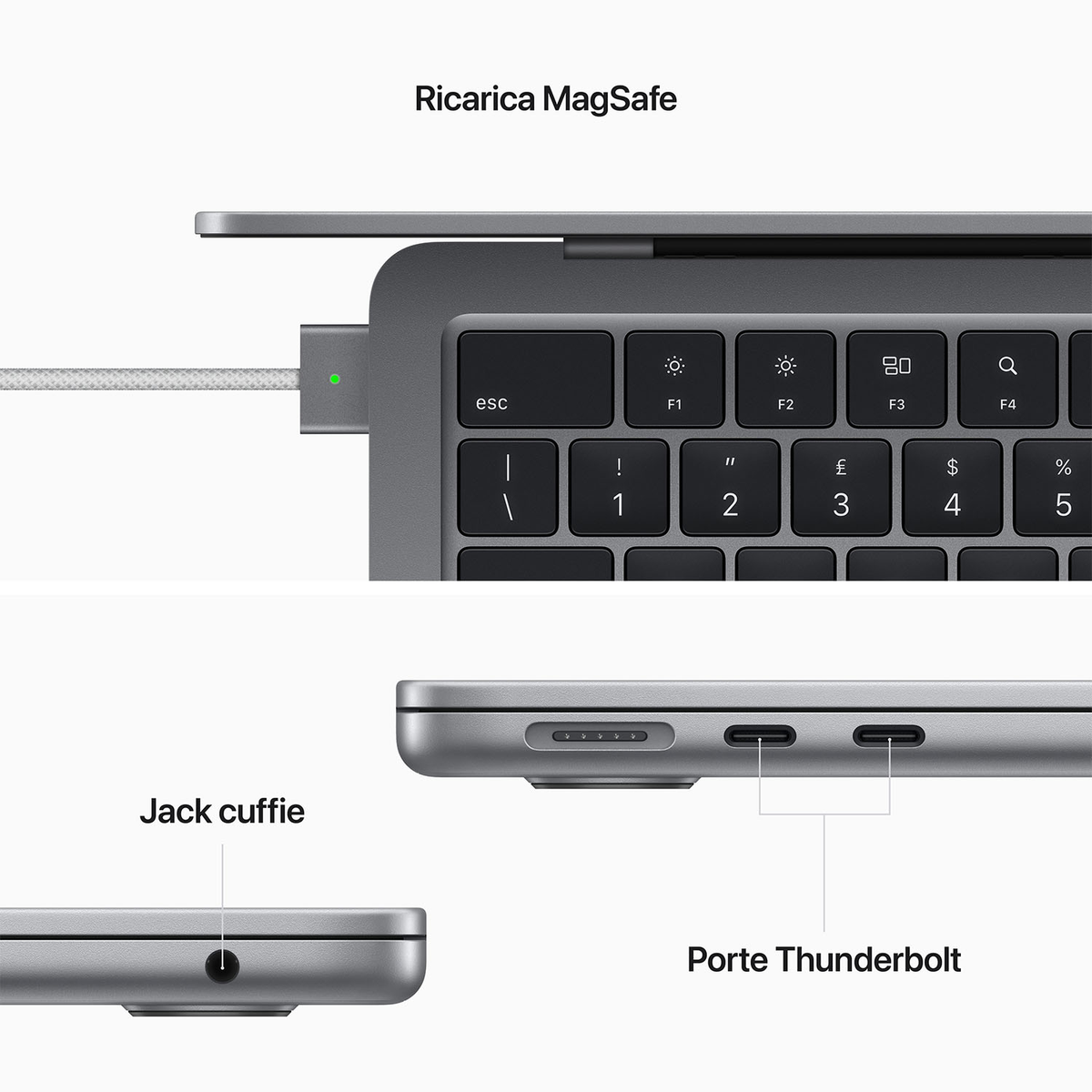 Primi piani di un MacBook grigio. Mostra la porta di ricarica, la tastiera e le porte.