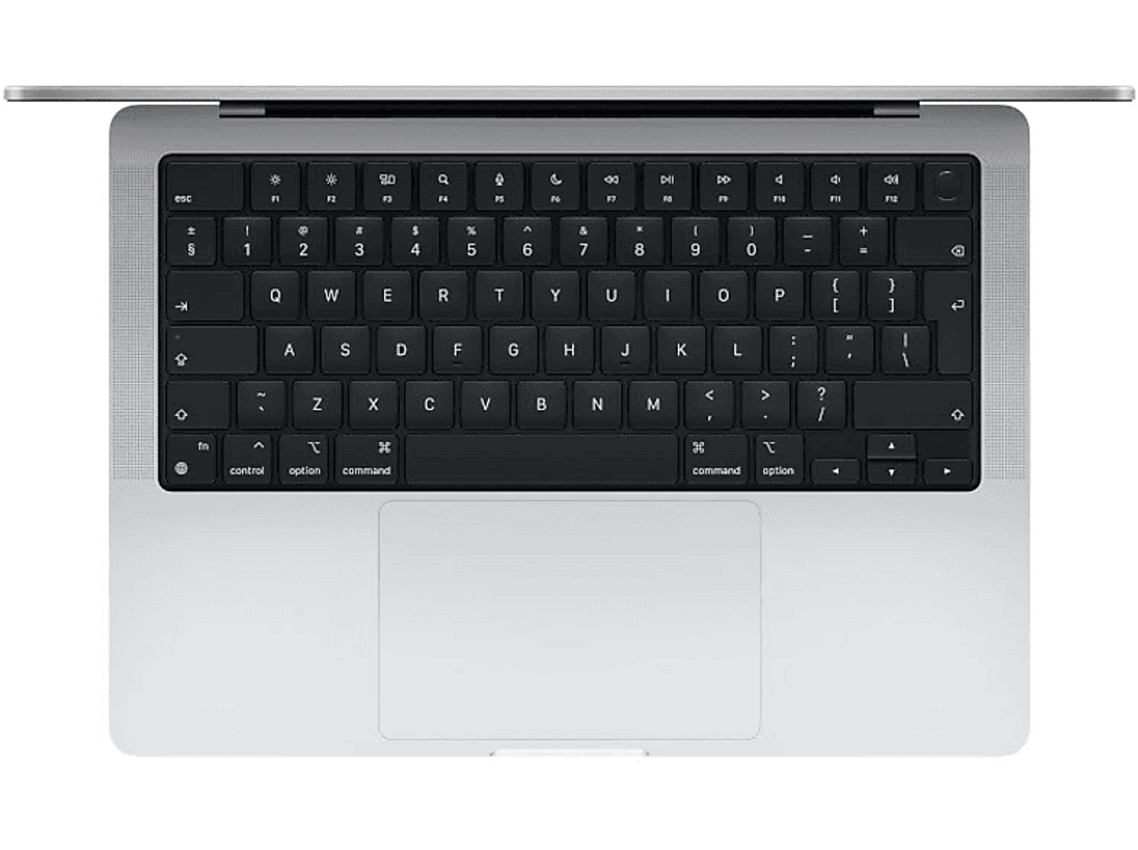 Laptop keyboard top view, black keys and silver frame.